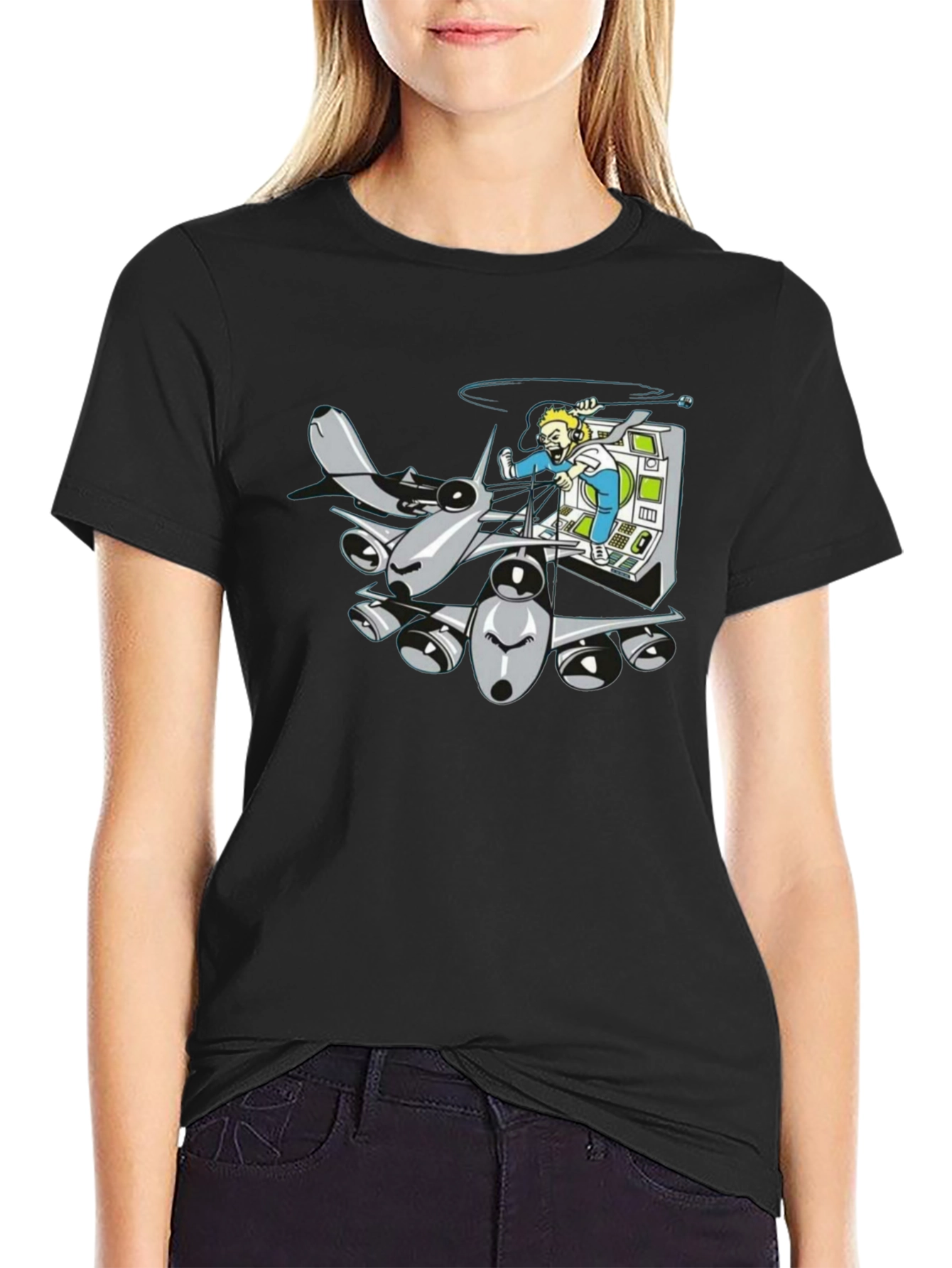 Cartoon Plane Pilot Black T-Shirt