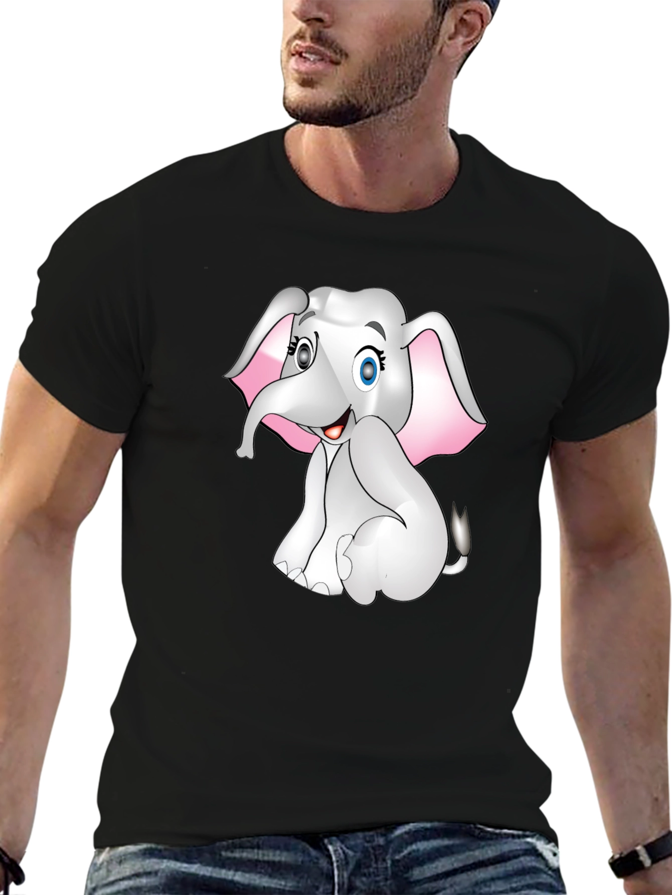 Cute Cartoon Elephant Graphic Print Tee - Black