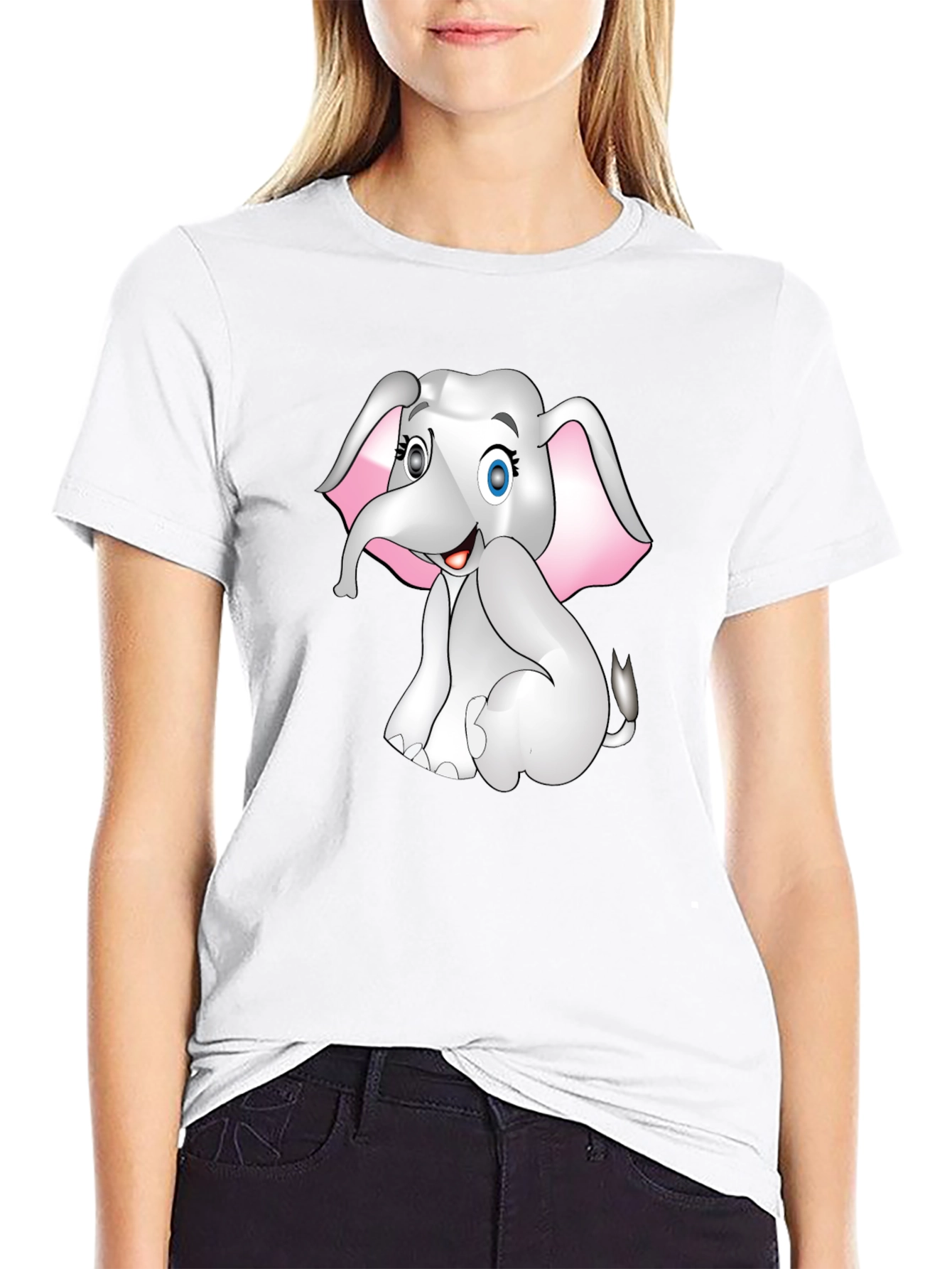 Cute Cartoon Elephant Graphic Print Tee - Black