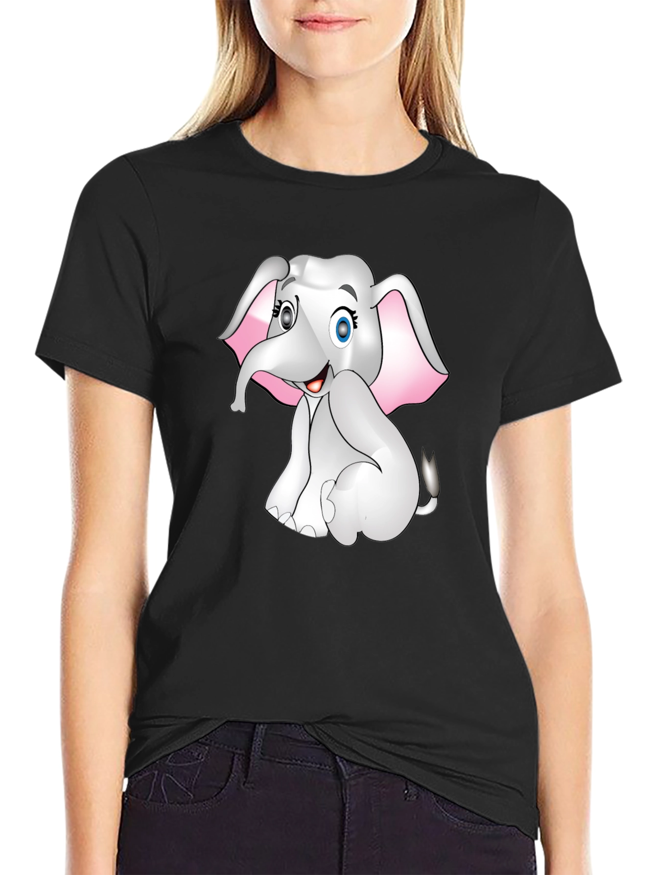 Cute Cartoon Elephant Graphic Print Tee - Black