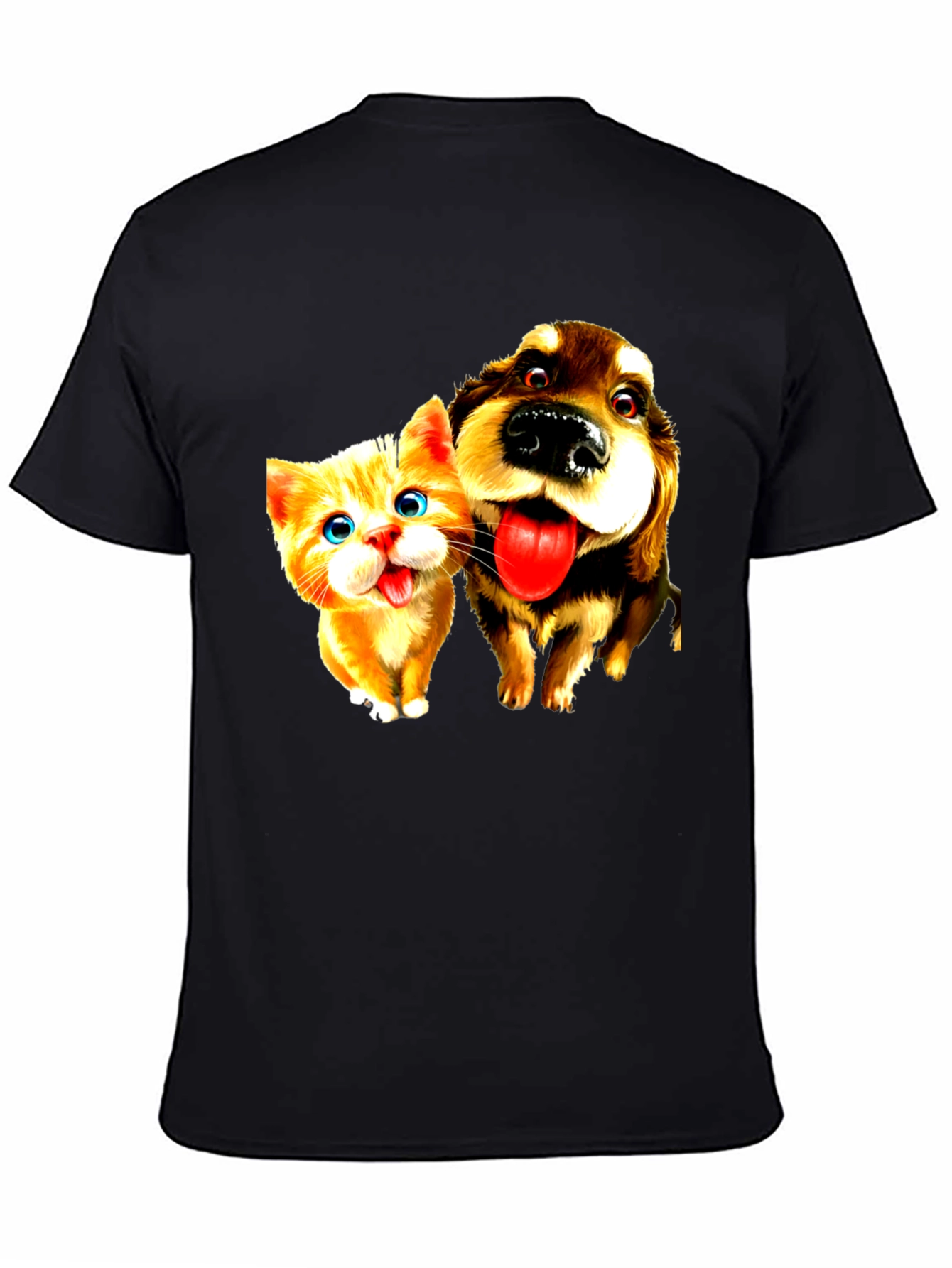 Dog & Cat Cartoon Graphic Black T-Shirt