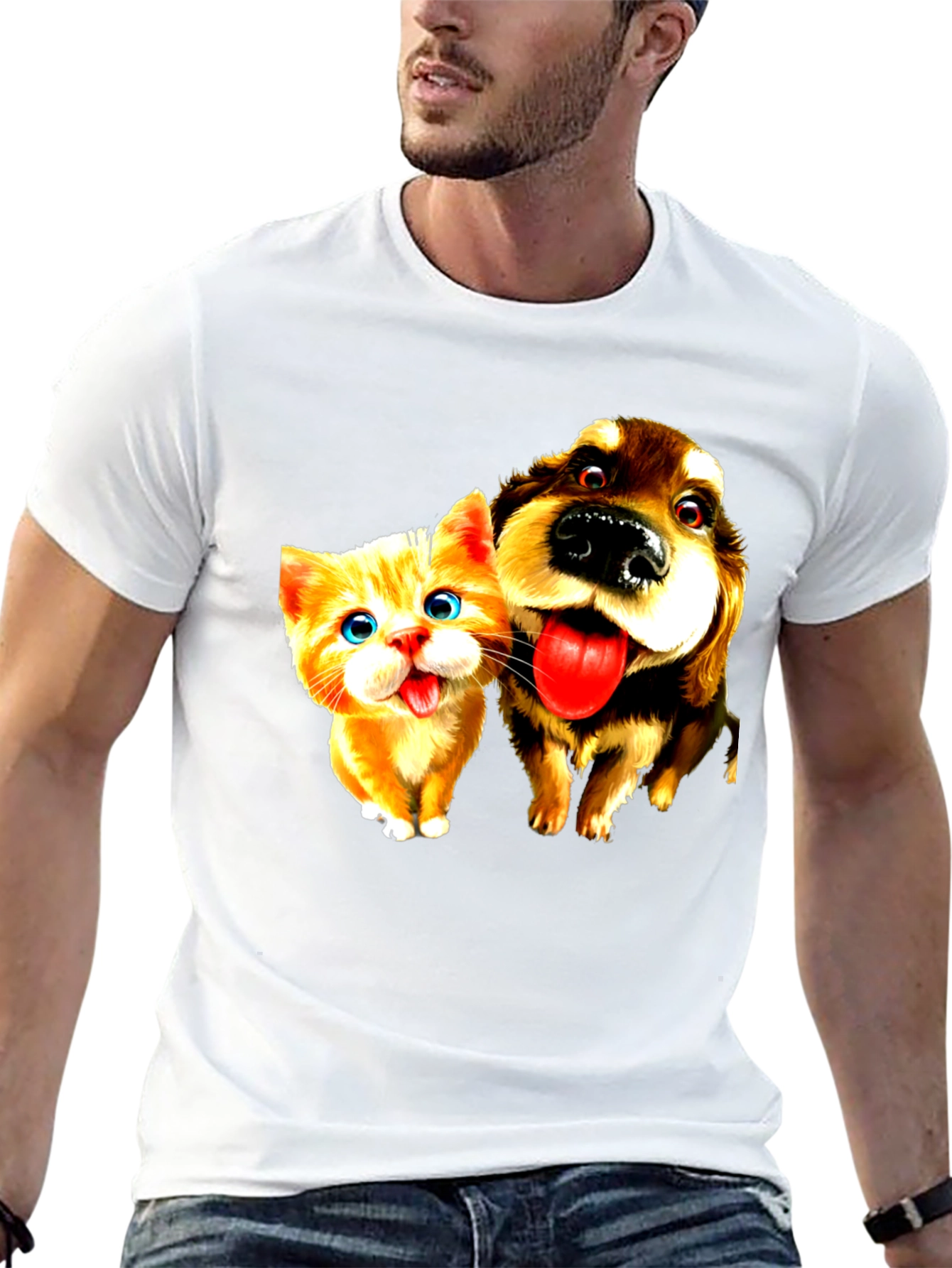 Dog & Cat Cartoon Graphic Black T-Shirt
