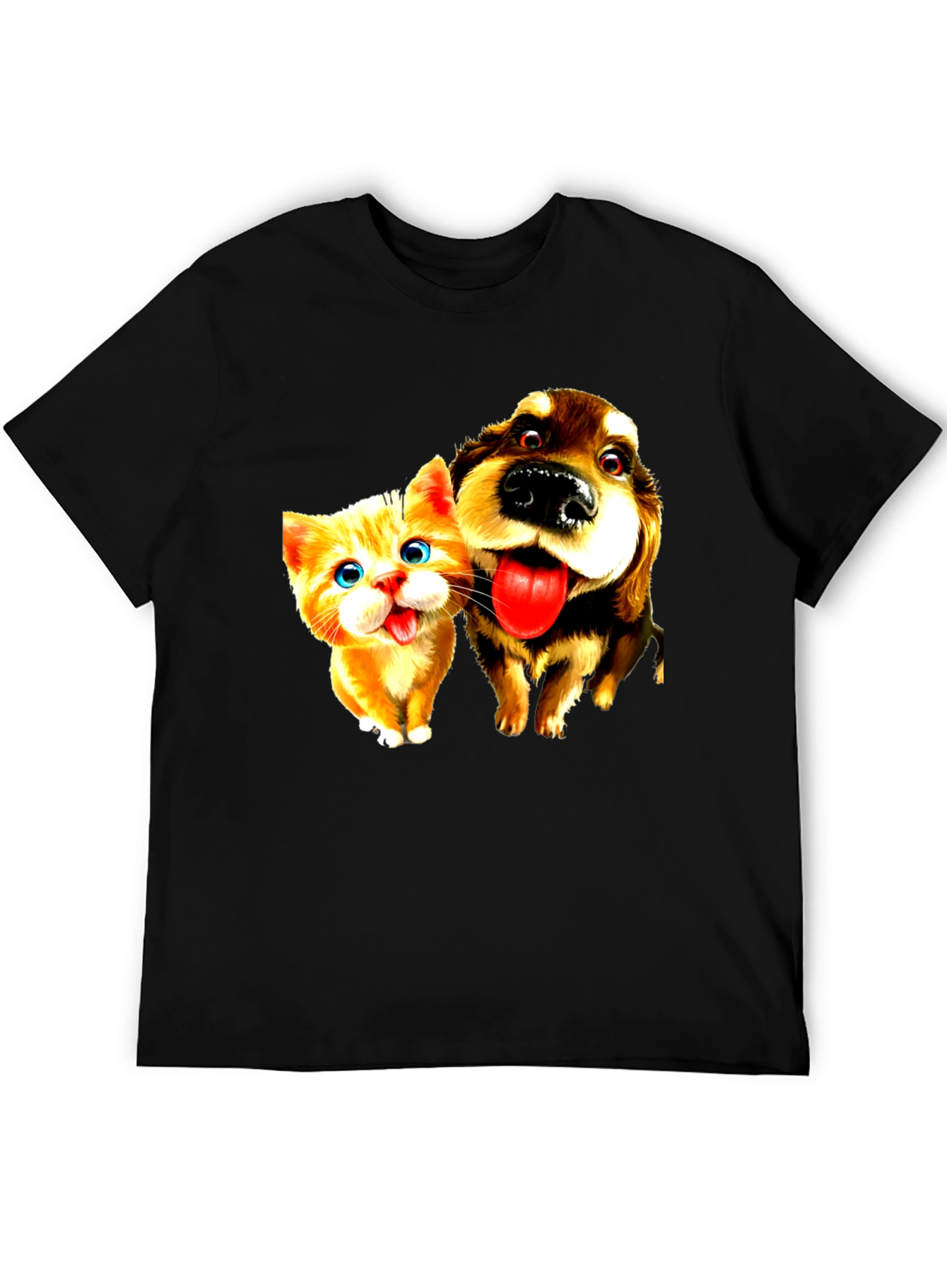 Dog & Cat Cartoon Graphic Black T-Shirt