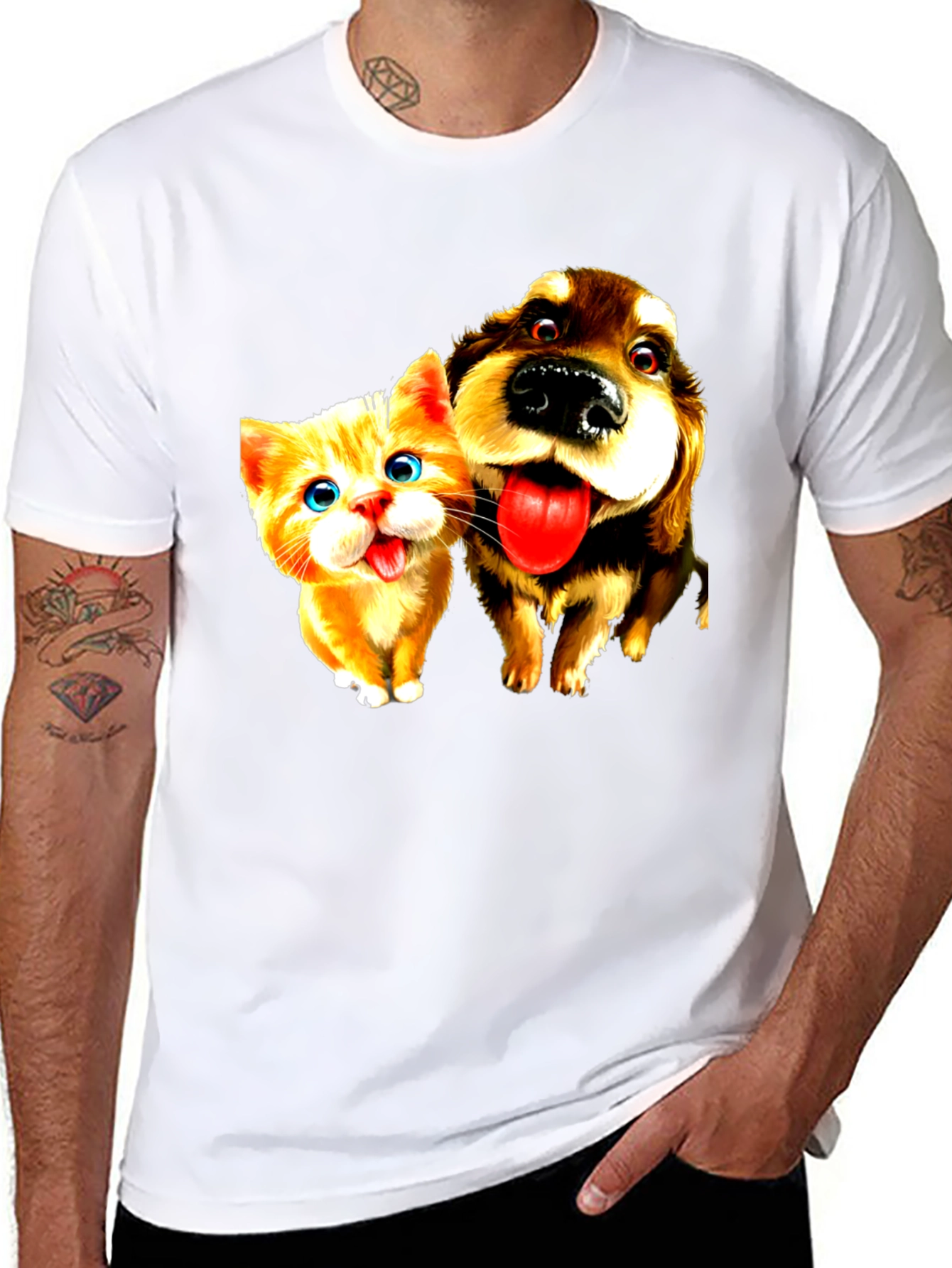Dog & Cat Cartoon Graphic Black T-Shirt