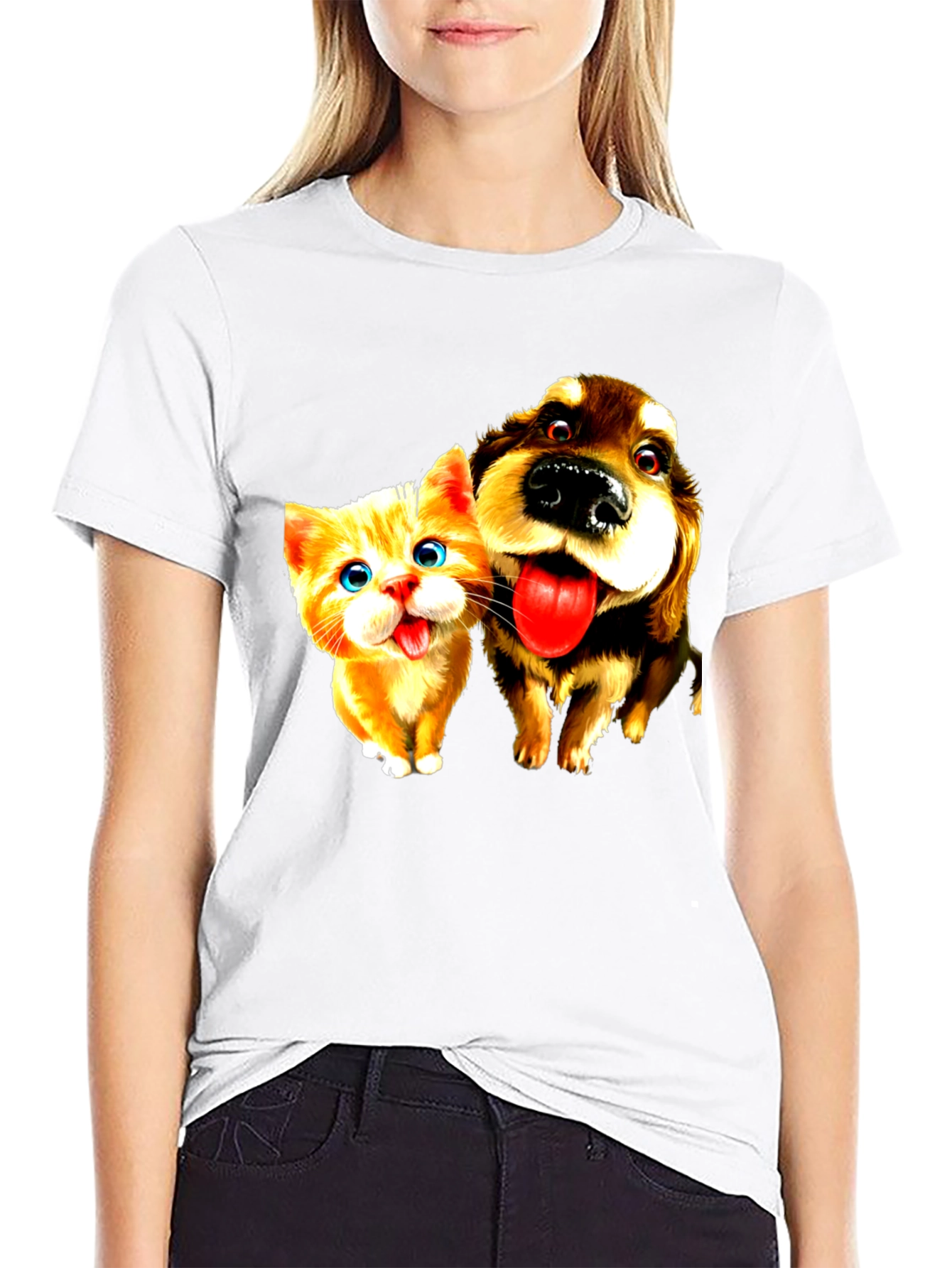 Dog & Cat Cartoon Graphic Black T-Shirt