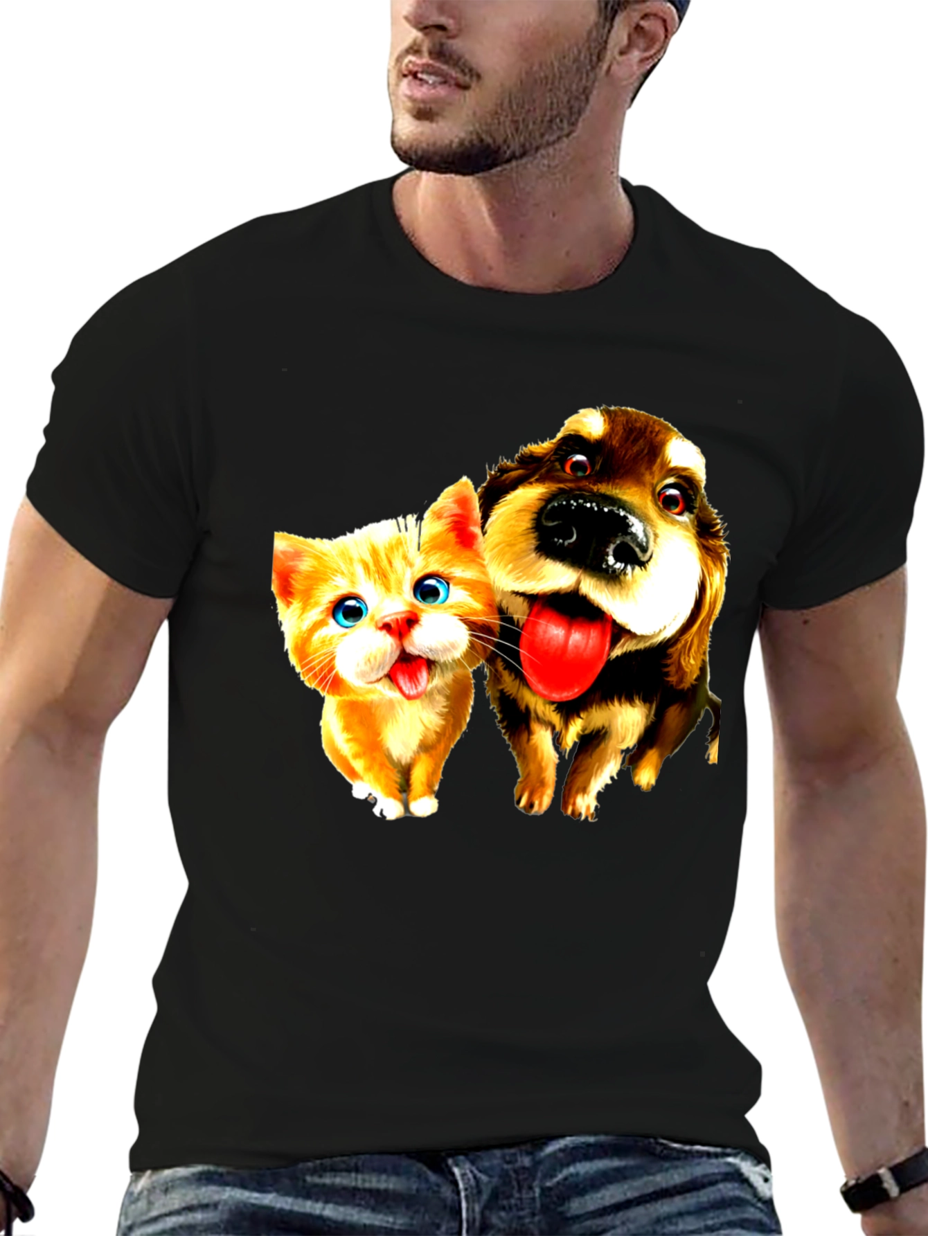 Dog & Cat Cartoon Graphic Black T-Shirt