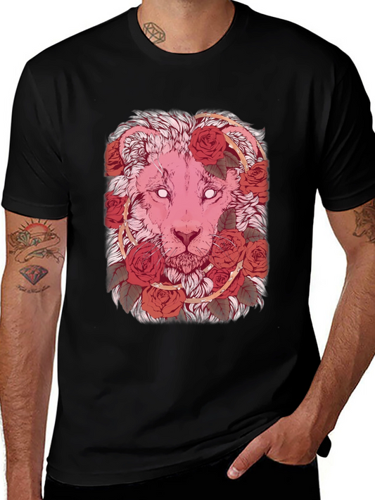 Lion & Roses Graphic Tee - Stylish Mens Black T-Shirt