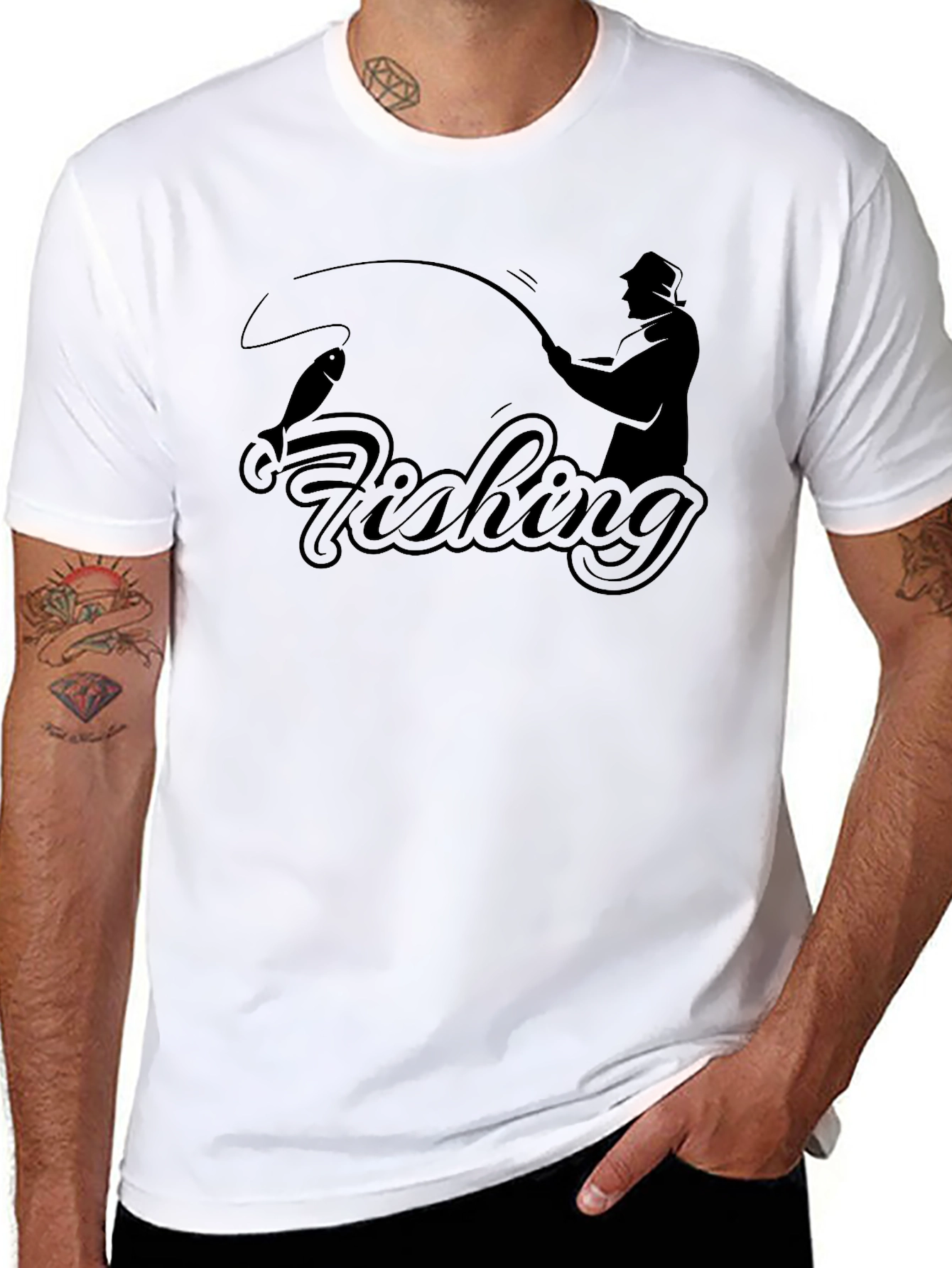 Fishing Silhouette Graphic Tee - Black Cotton T-Shirt