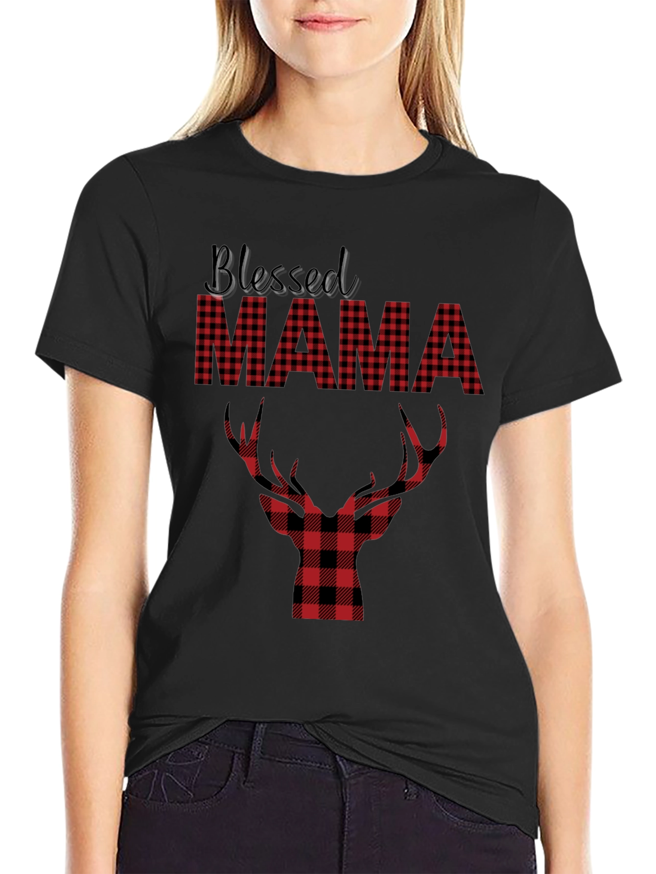 Blessed Mama Plaid Deer Graphic Tee