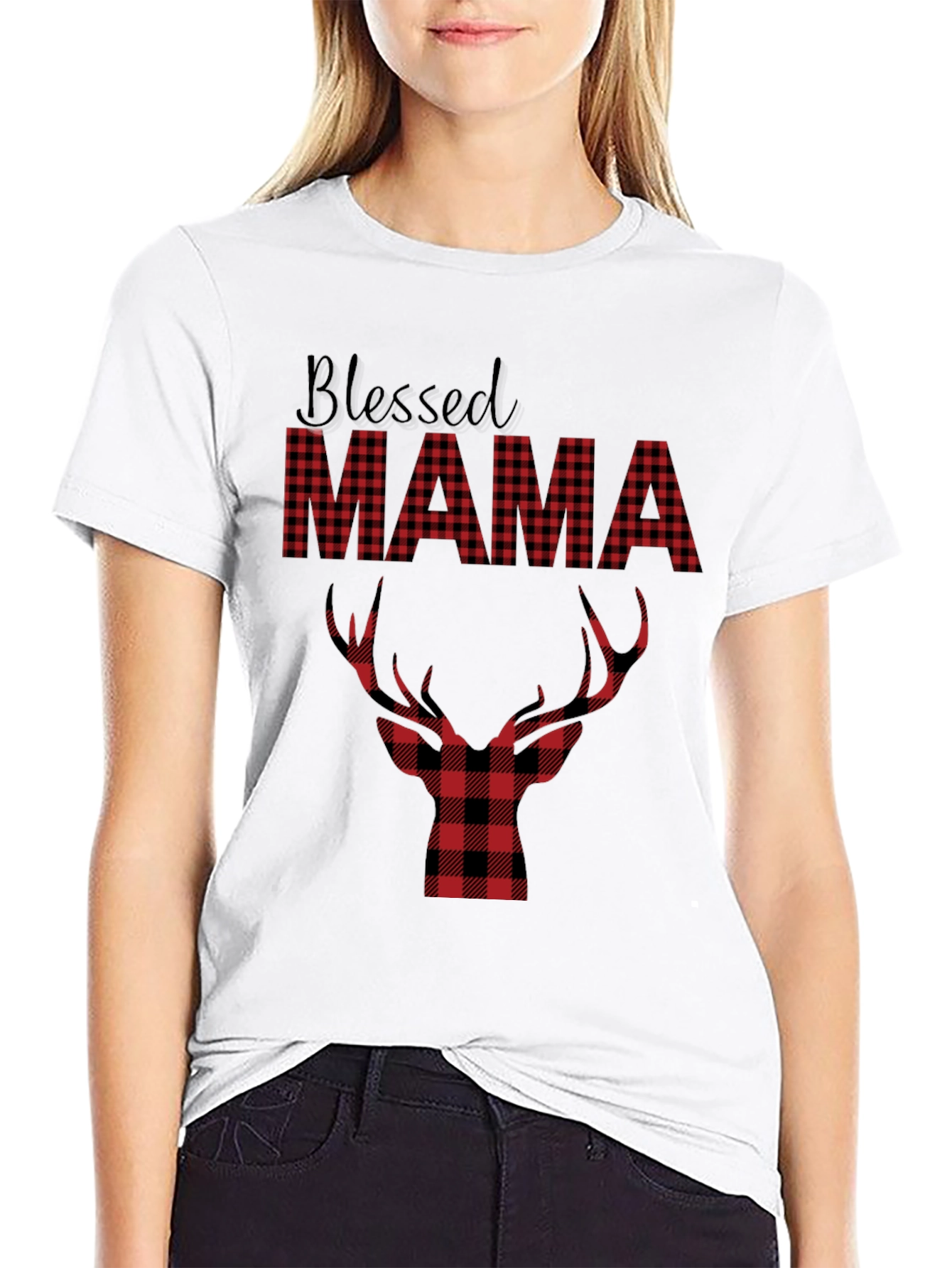 Blessed Mama Plaid Deer Graphic Tee