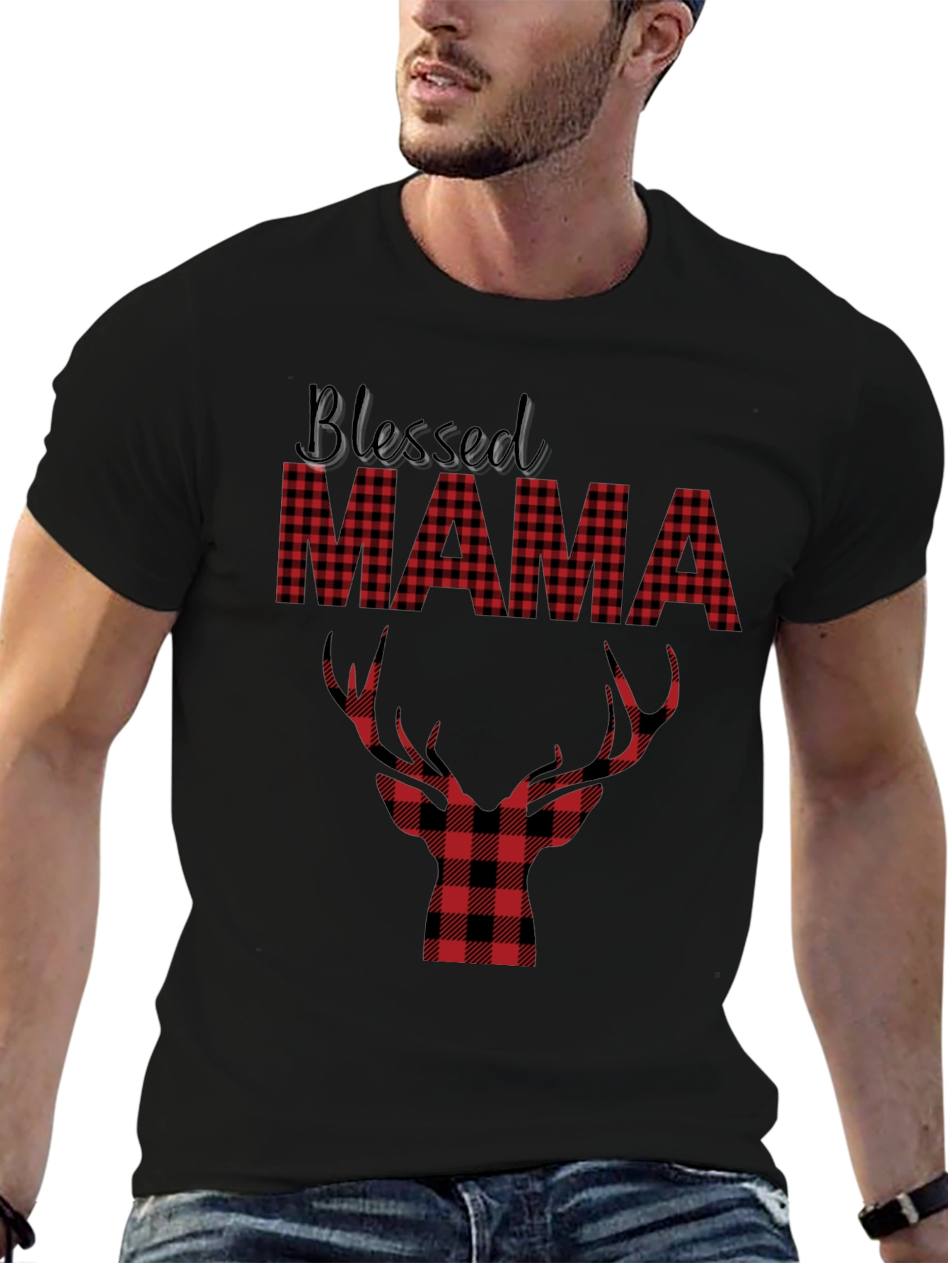 Blessed Mama Plaid Deer Graphic Tee