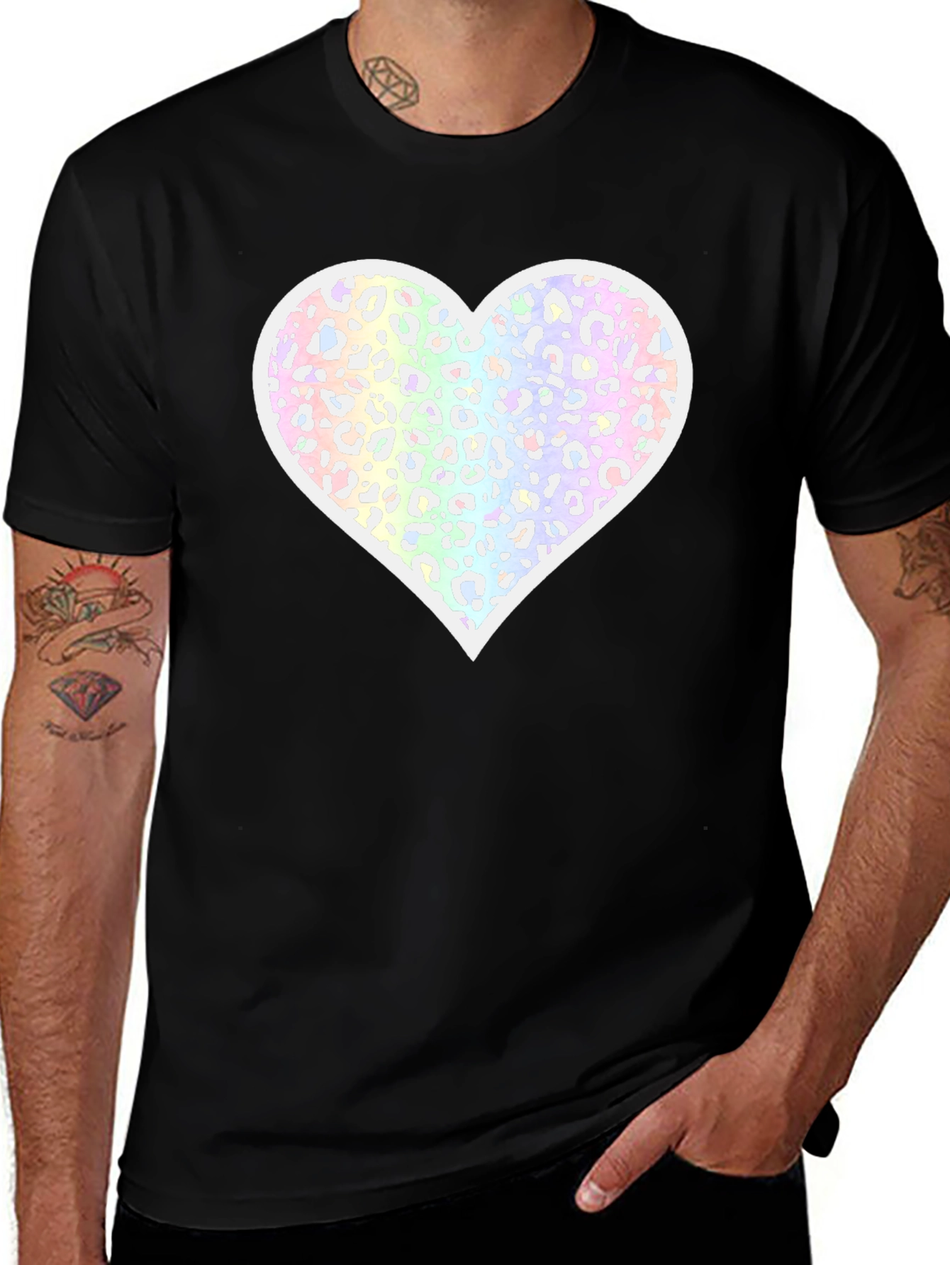 Black T-Shirt with Pastel Leopard Print Heart