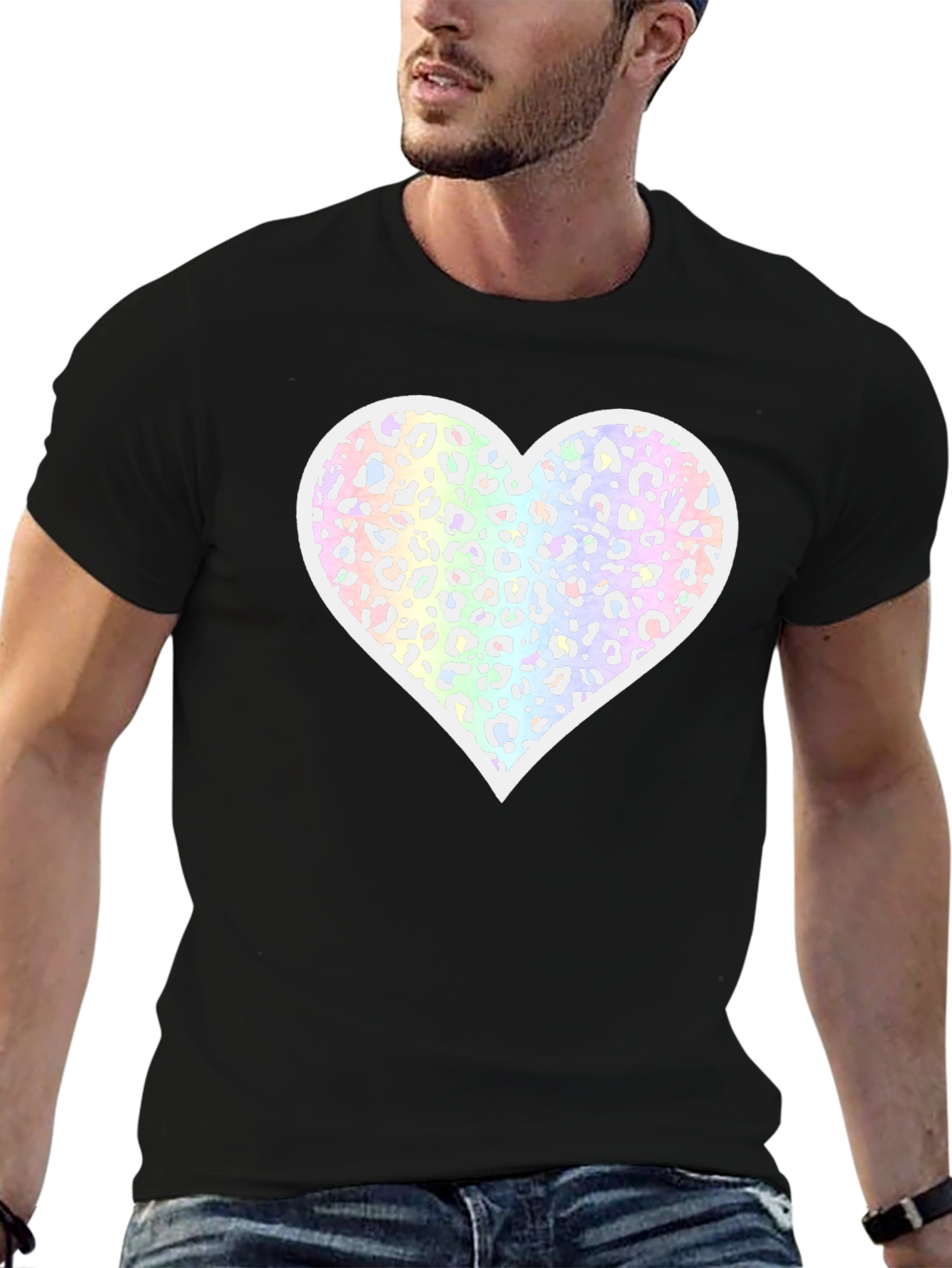 Black T-Shirt with Pastel Leopard Print Heart