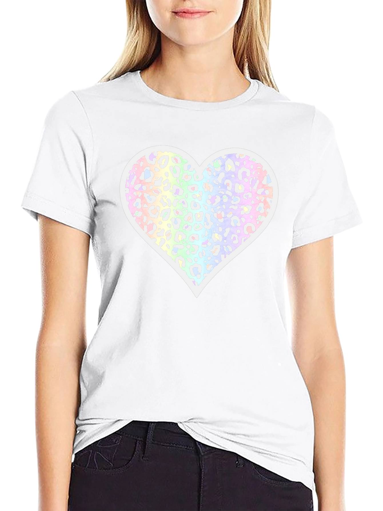 Black T-Shirt with Pastel Leopard Print Heart