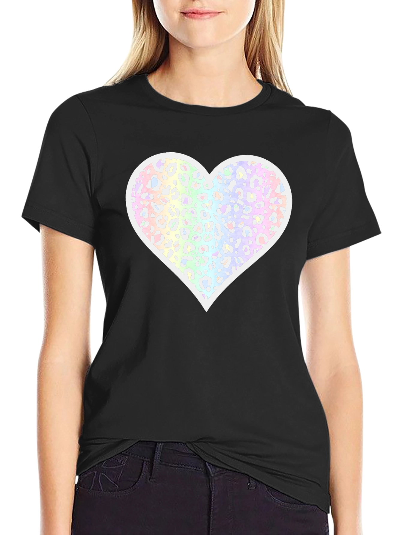 Black T-Shirt with Pastel Leopard Print Heart