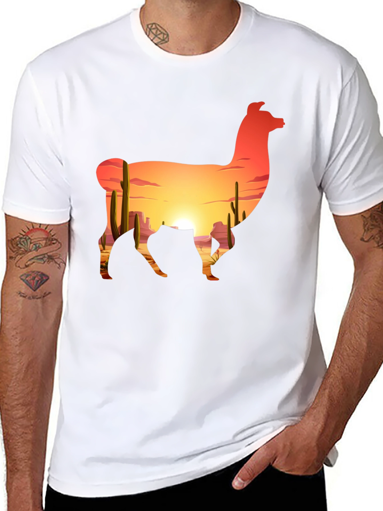 Llama Desert Sunset Graphic Tee - Black Cotton Blend