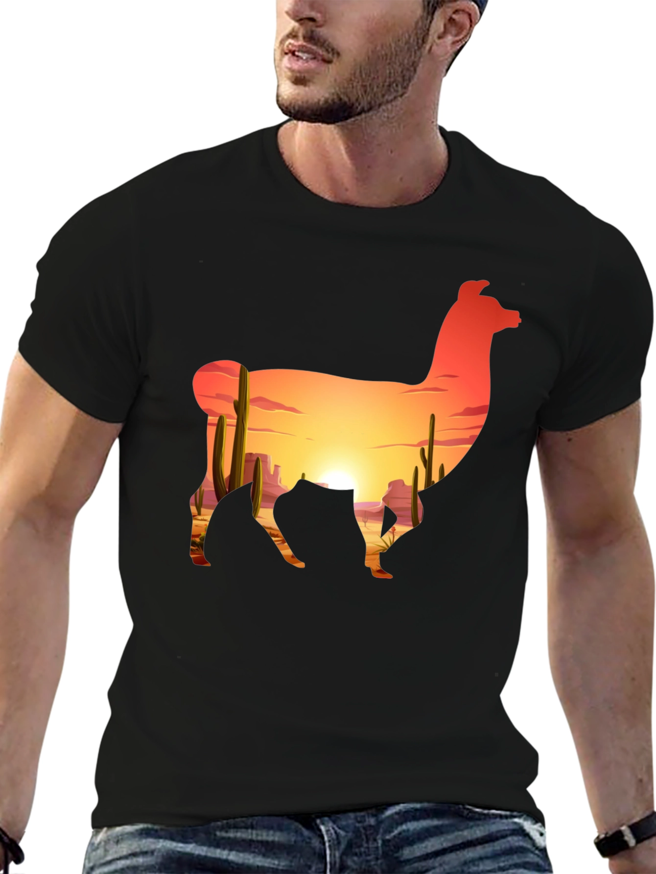 Llama Desert Sunset Graphic Tee - Black Cotton Blend