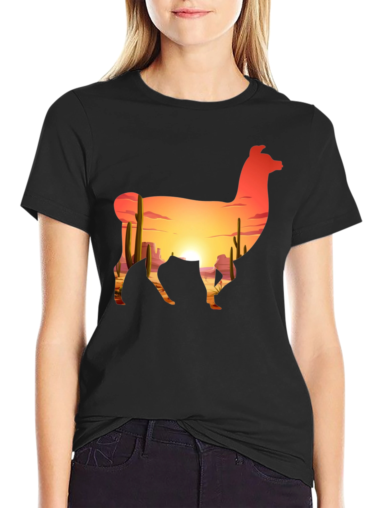 Llama Desert Sunset Graphic Tee - Black Cotton Blend