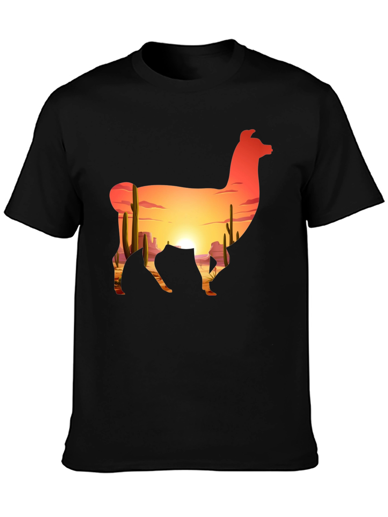 Llama Desert Sunset Graphic Tee - Black Cotton Blend
