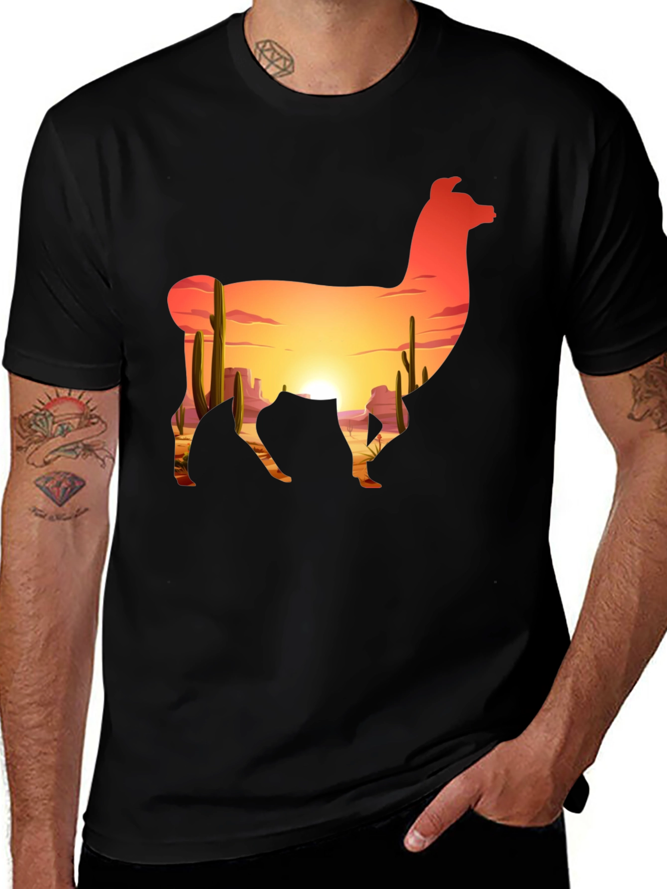 Llama Desert Sunset Graphic Tee - Black Cotton Blend