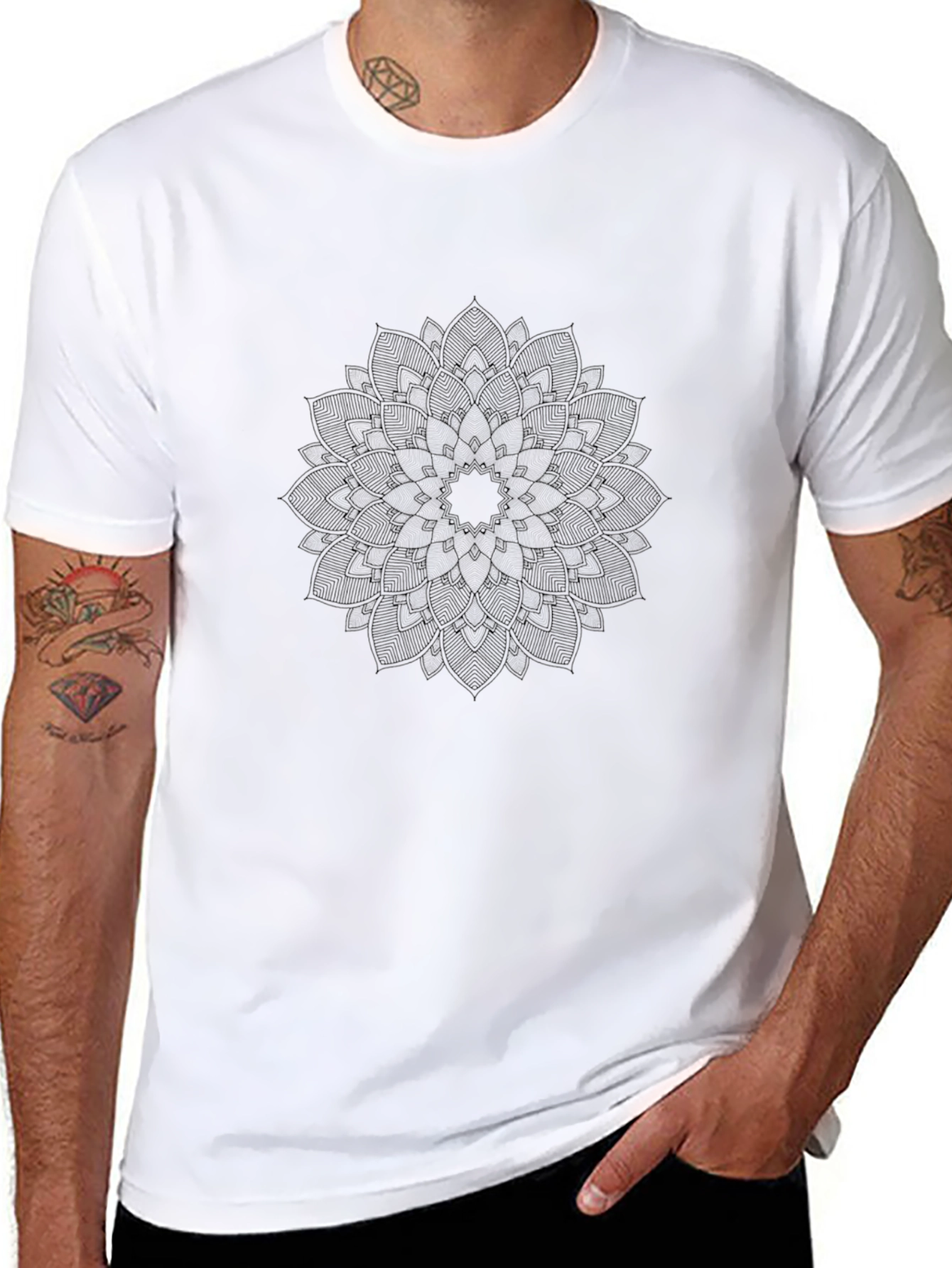 Mandala Print Black Crew Neck Tee