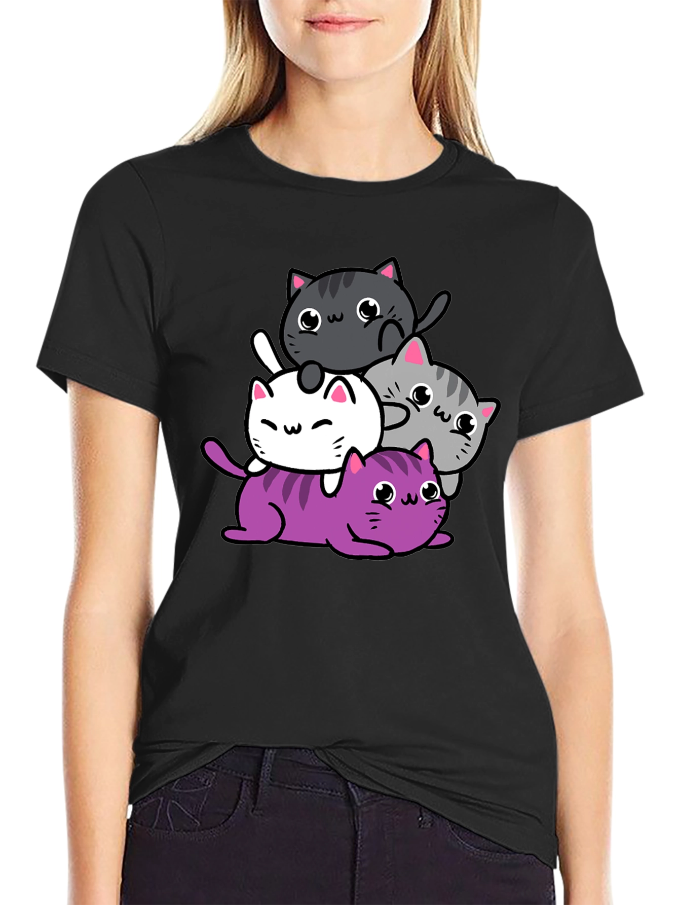 Cute Cats Graphic Print T-Shirt - Black