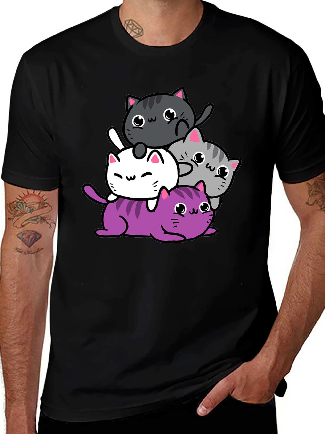 Cute Cats Graphic Print T-Shirt - Black