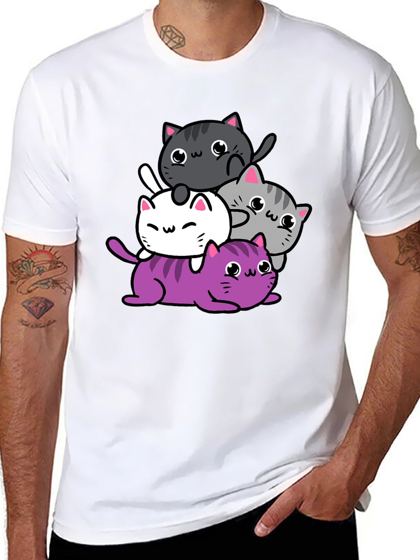 Cute Cats Graphic Print T-Shirt - Black