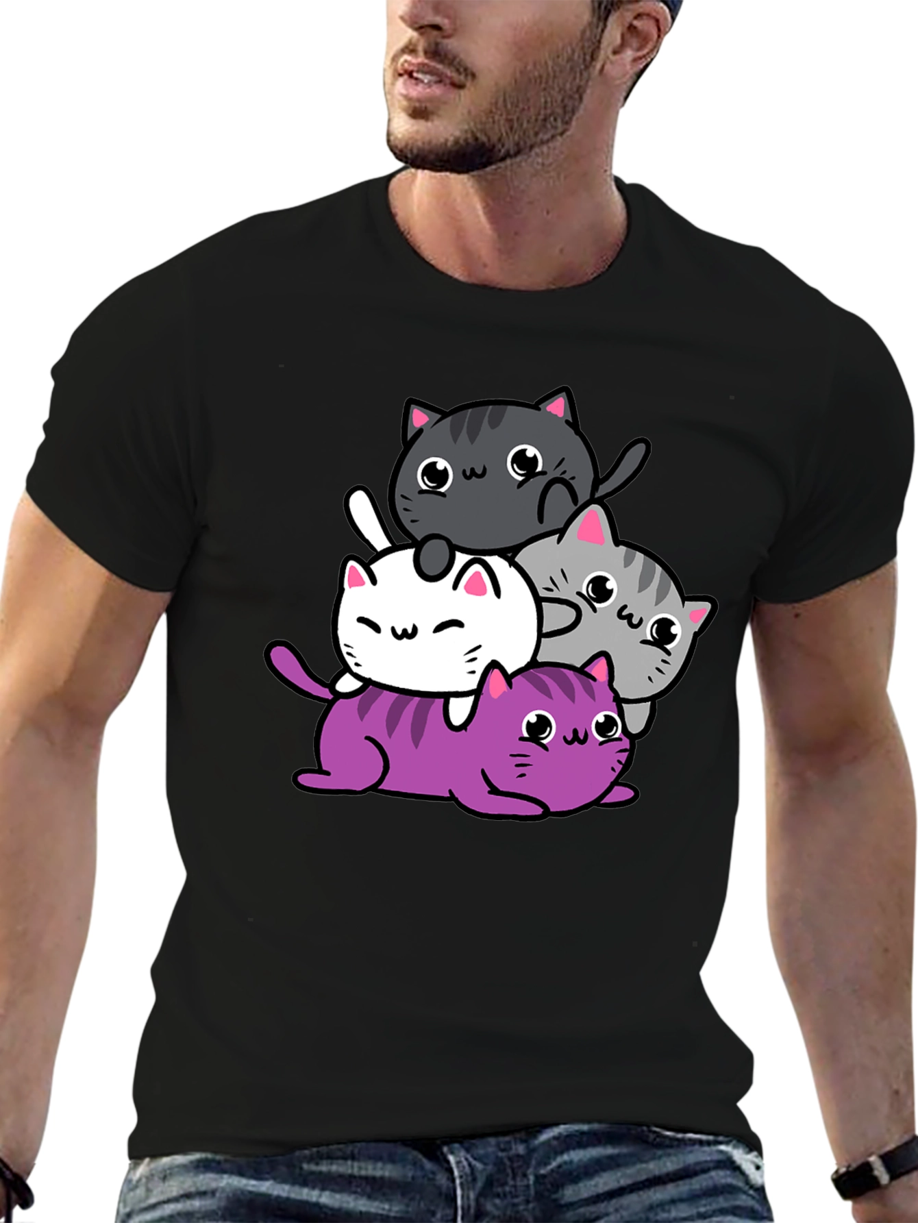 Cute Cats Graphic Print T-Shirt - Black