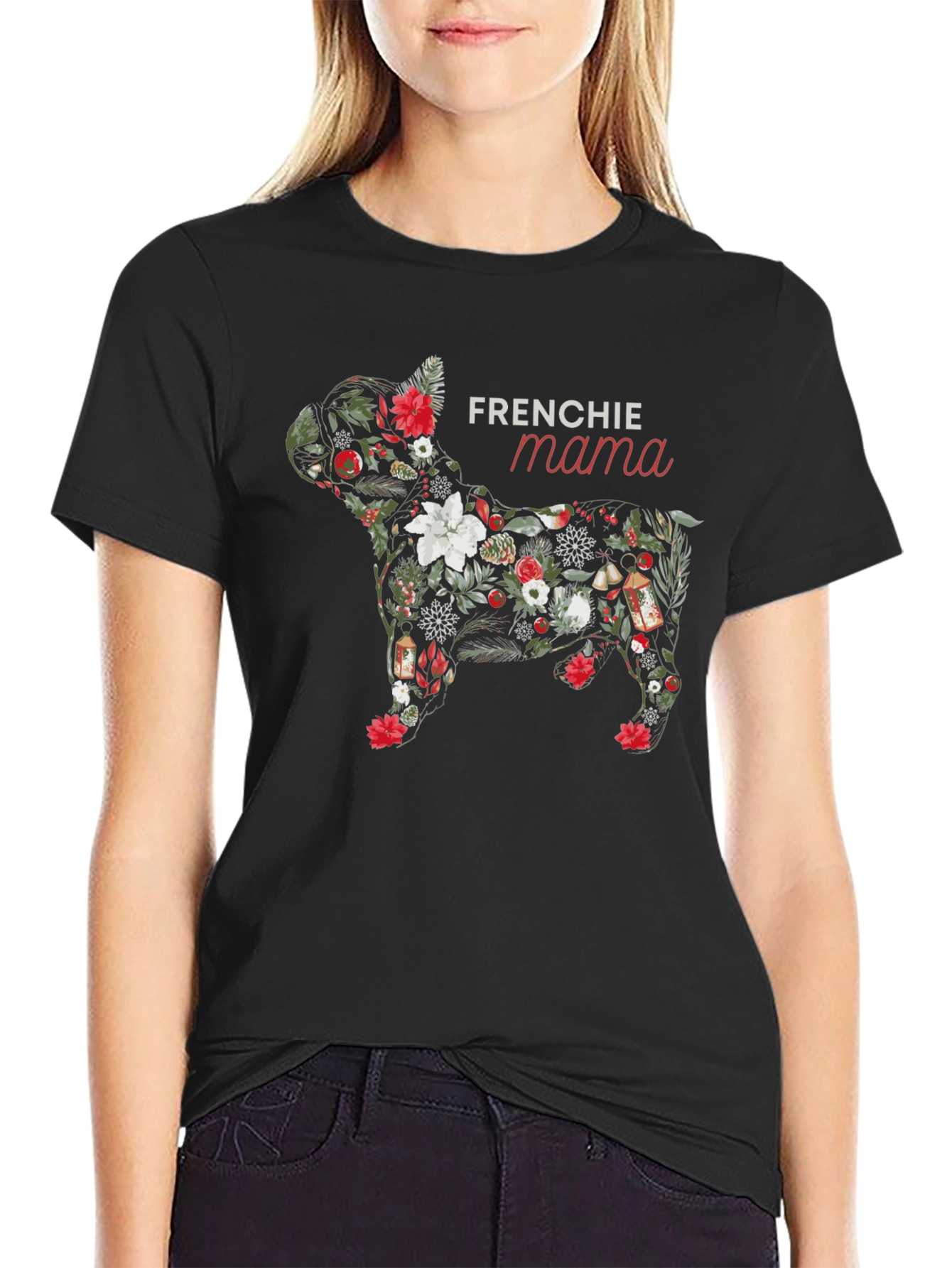 Frenchie Mama Dog Floral T-Shirt - Black
