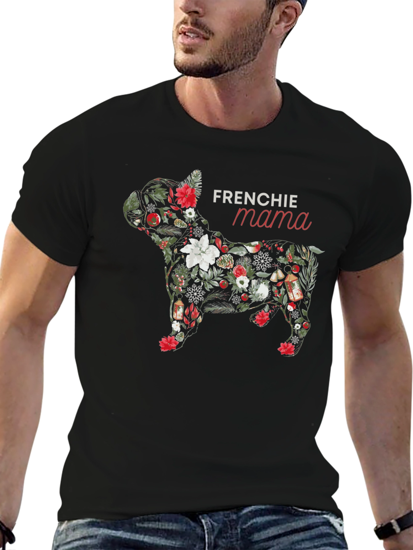 Frenchie Mama Dog Floral T-Shirt - Black