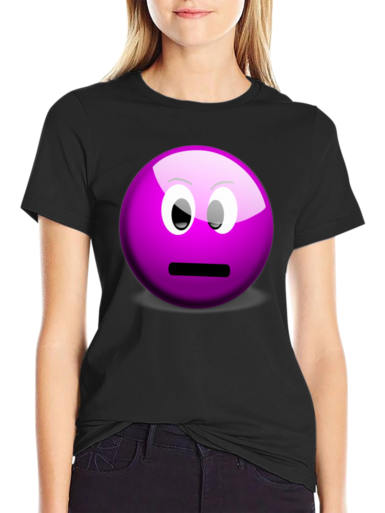 Purple Smiley Face Graphic Tee - Casual Black T-Shirt