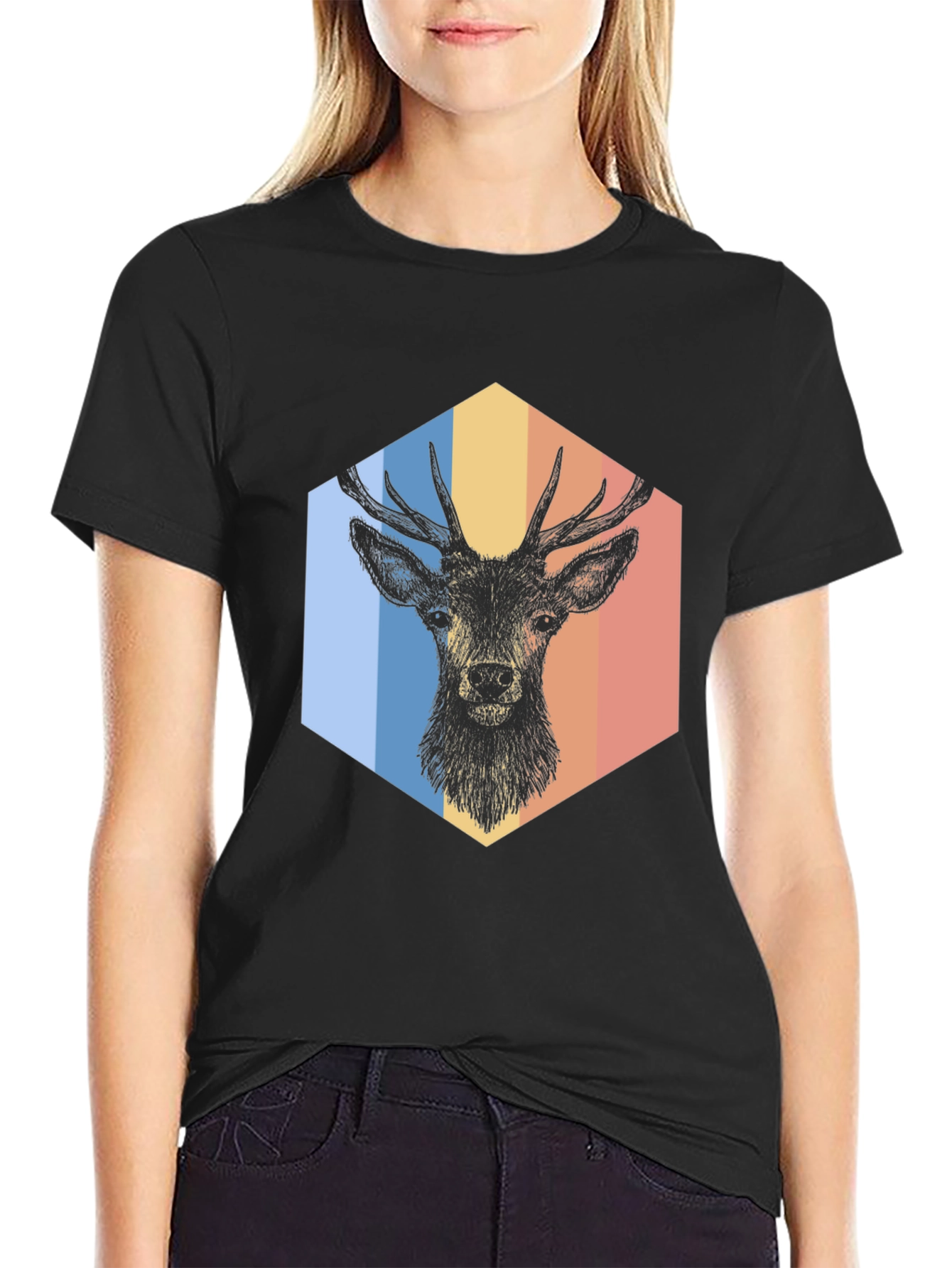 Retro Deer Graphic Tee - Mens Black T-Shirt