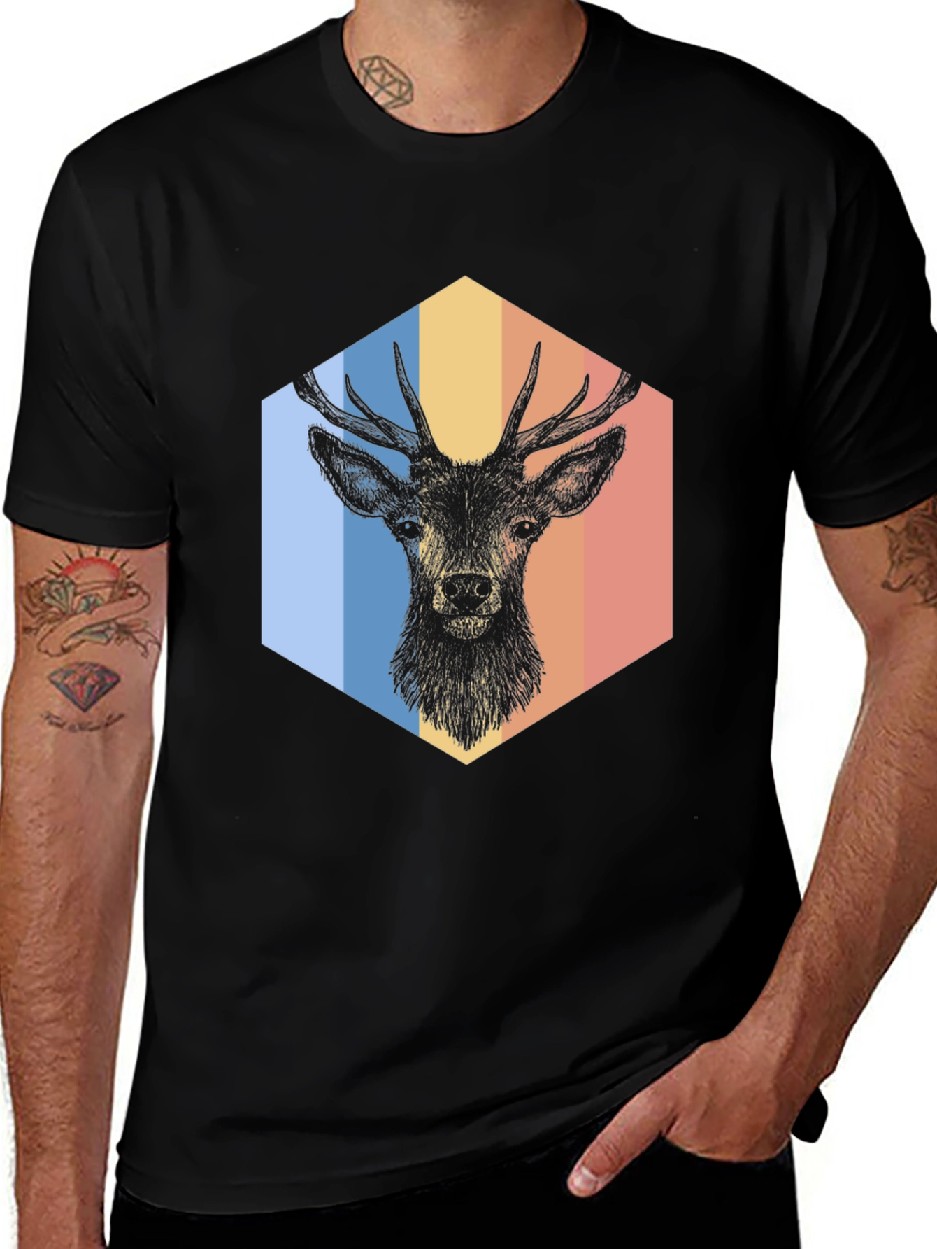 Retro Deer Graphic Tee - Mens Black T-Shirt