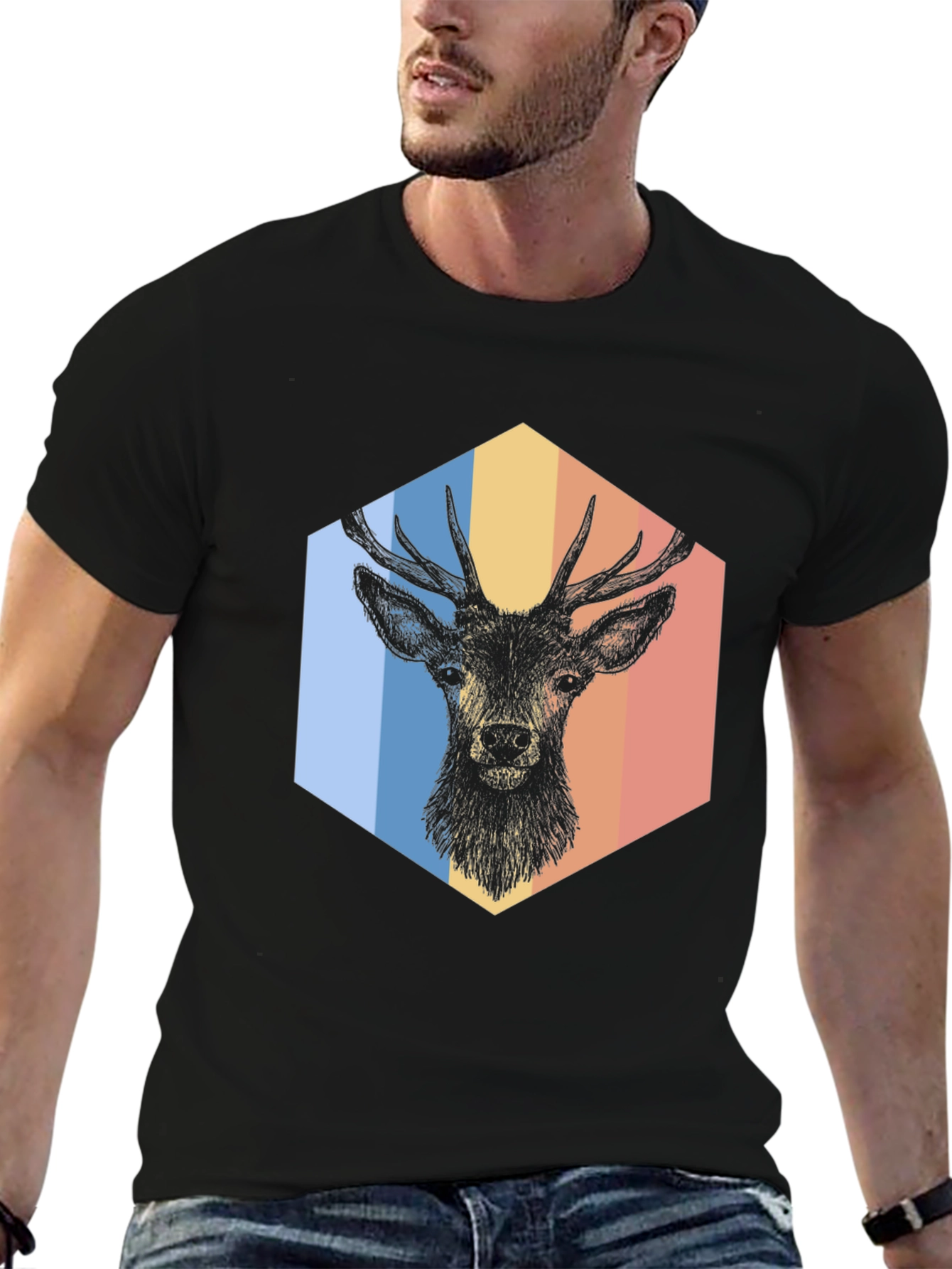 Retro Deer Graphic Tee - Mens Black T-Shirt