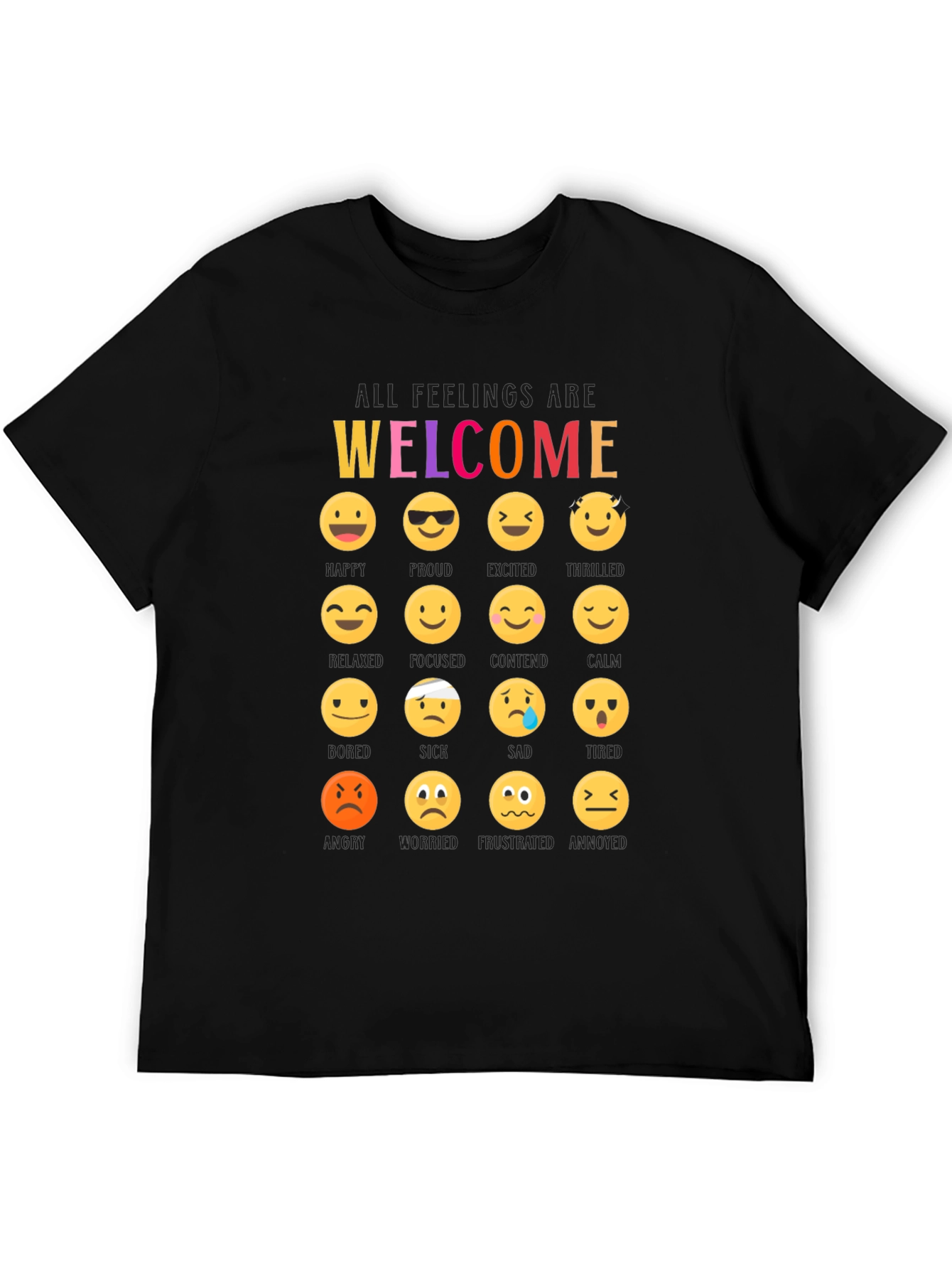 Welcome All Feelings Emoji Black T-Shirt