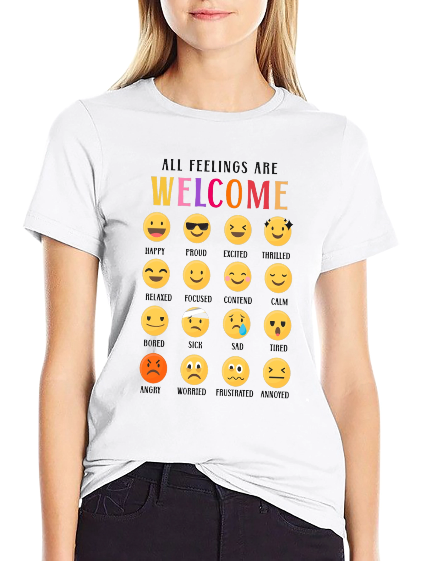 Welcome All Feelings Emoji Black T-Shirt