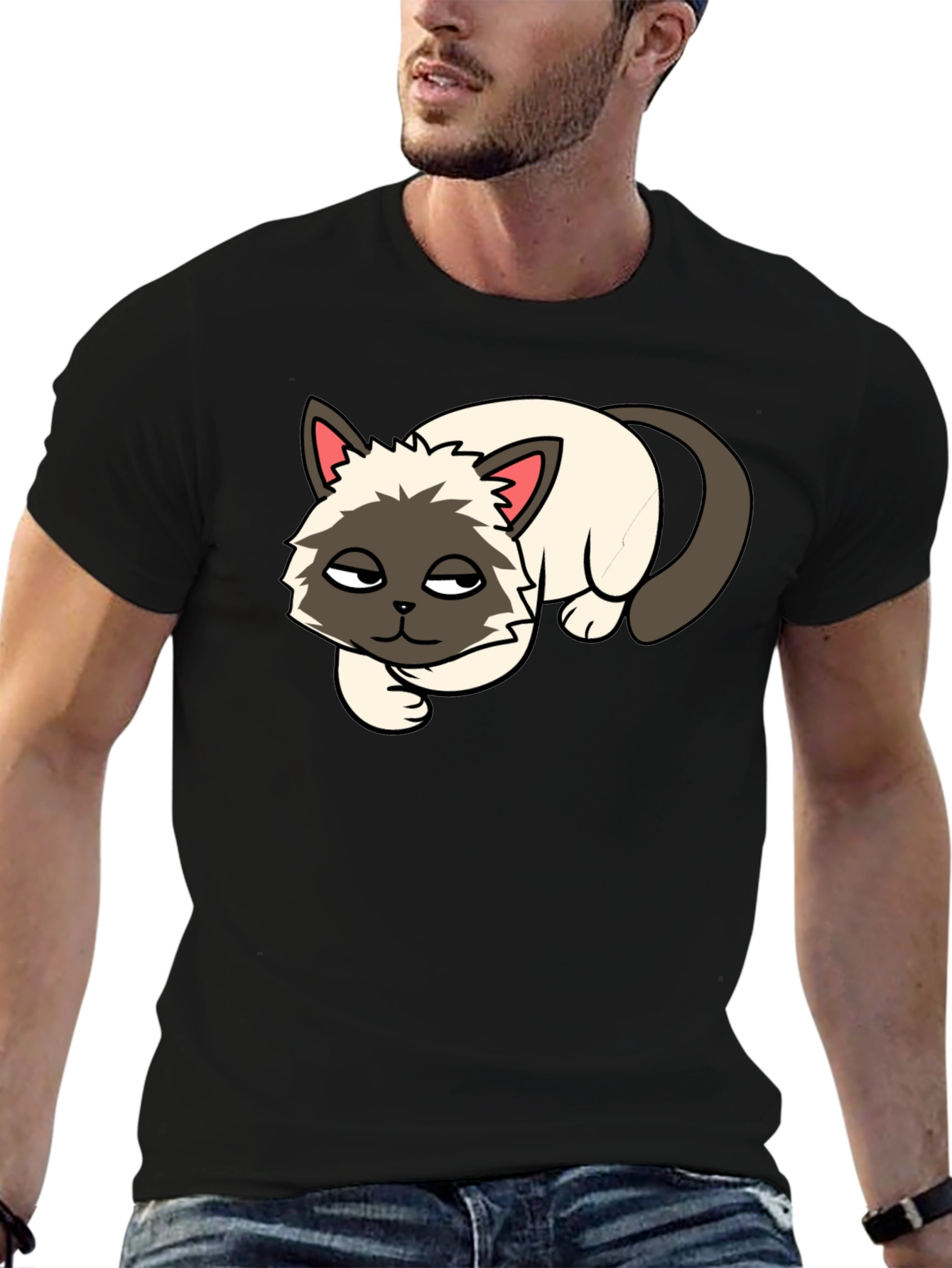 Black T-Shirt with Lazy Cat Graphic