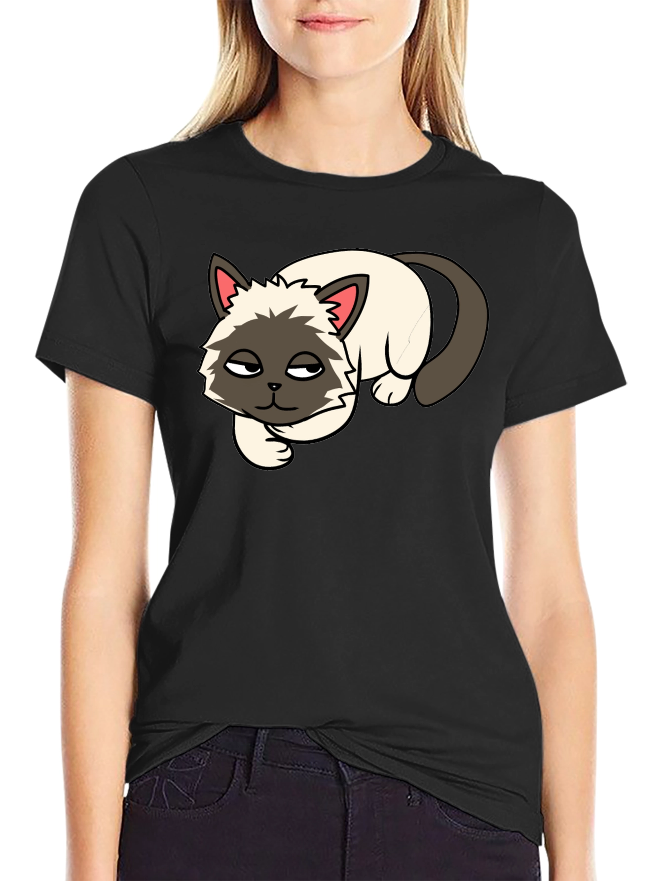 Black T-Shirt with Lazy Cat Graphic