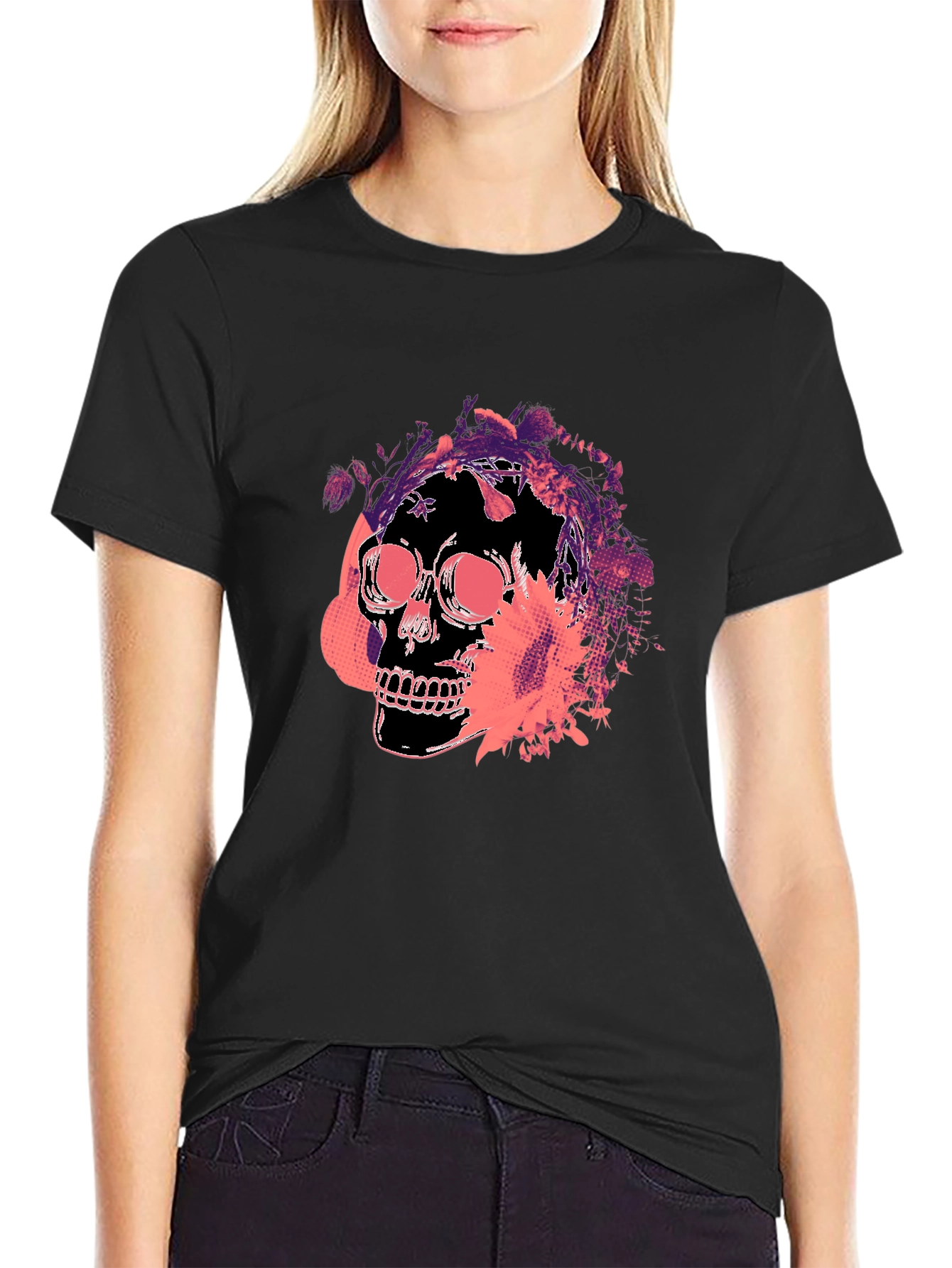 Skull Floral Graphic Tee - Mens Black T-Shirt