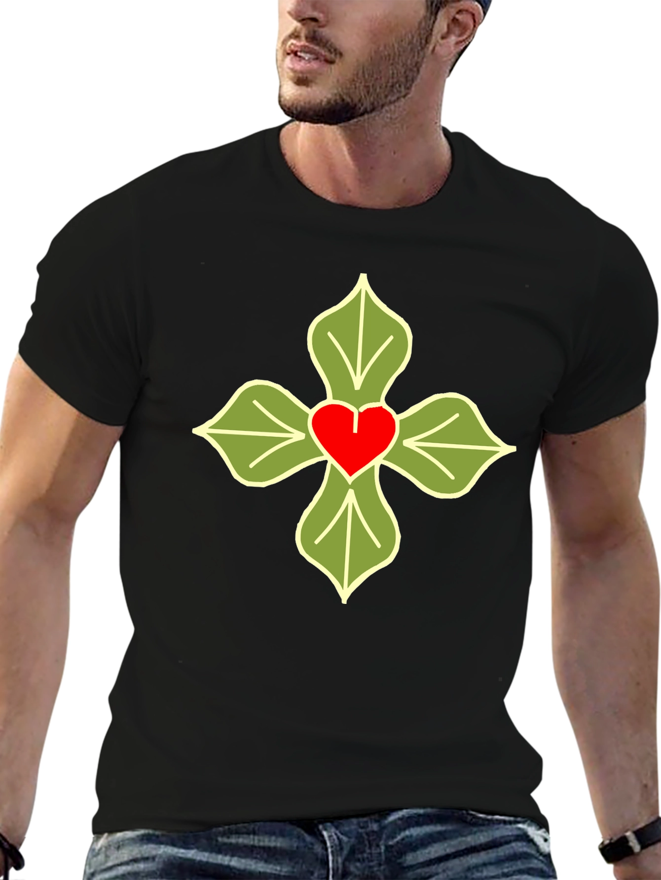 Heart & Leaves Graphic T-Shirt - Casual Black Tee
