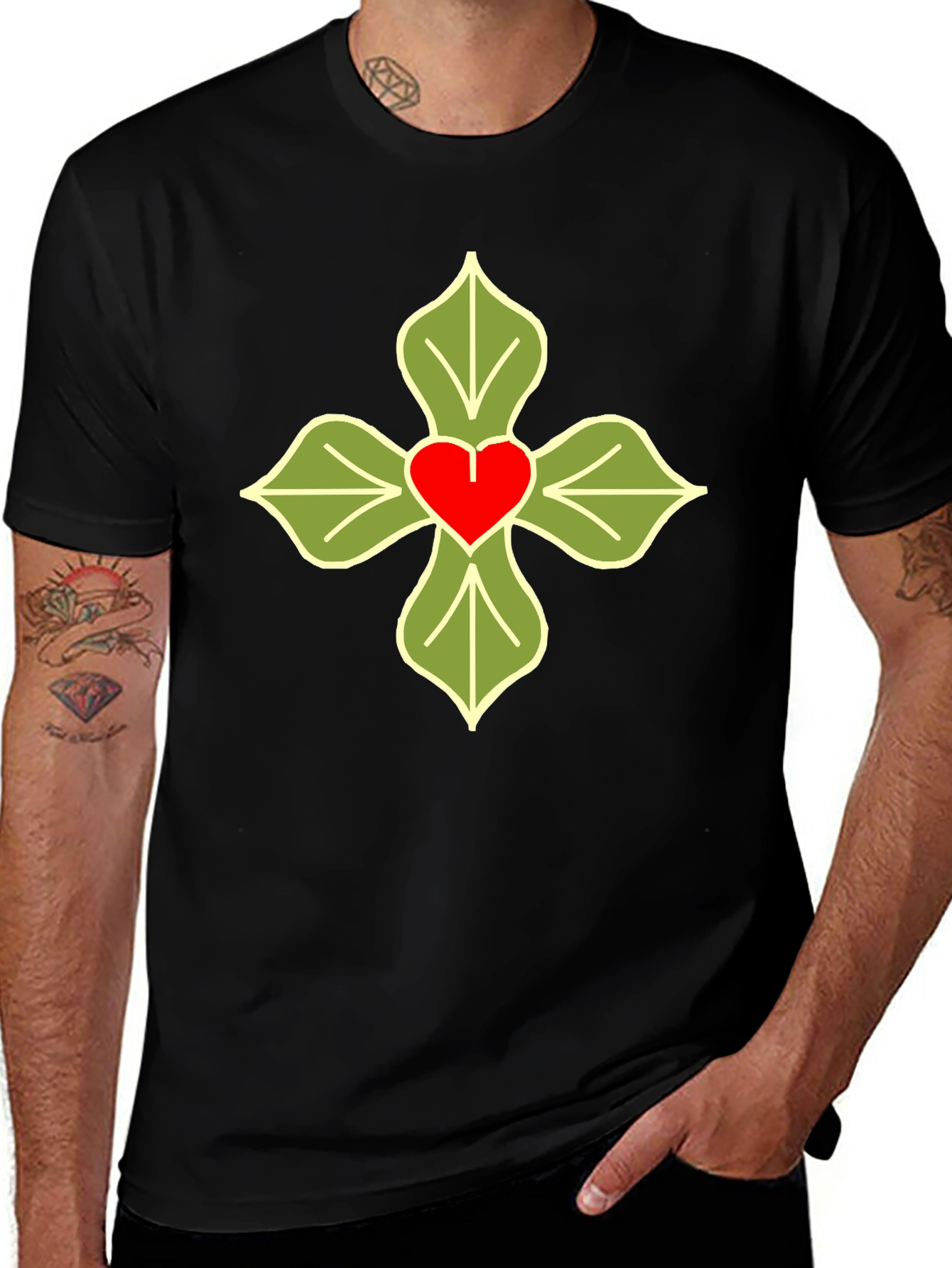 Heart & Leaves Graphic T-Shirt - Casual Black Tee