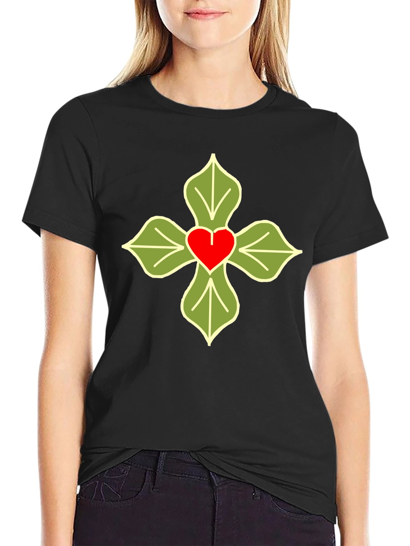Heart & Leaves Graphic T-Shirt - Casual Black Tee
