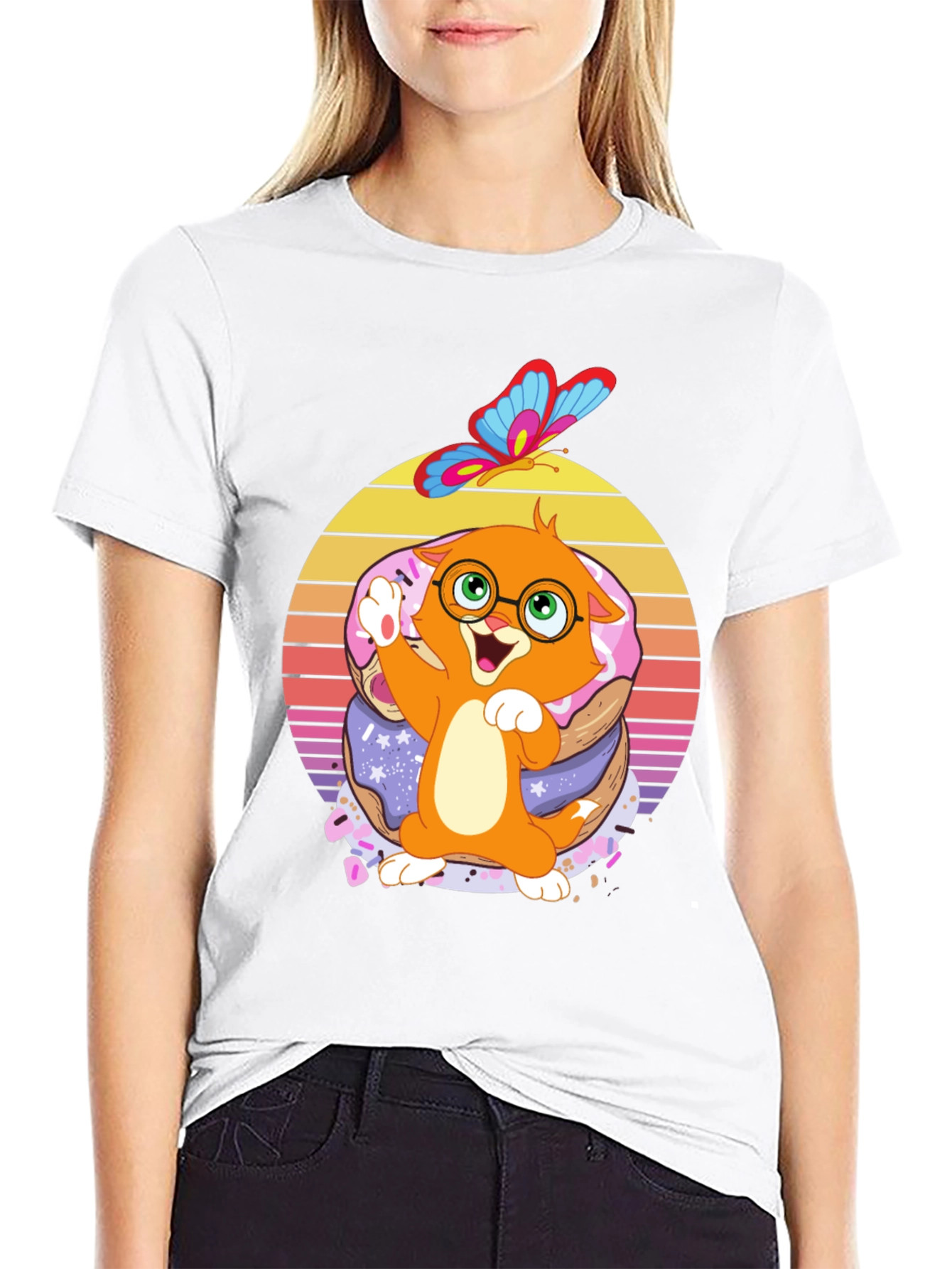 Cute Cartoon Cat on Donuts T-Shirt