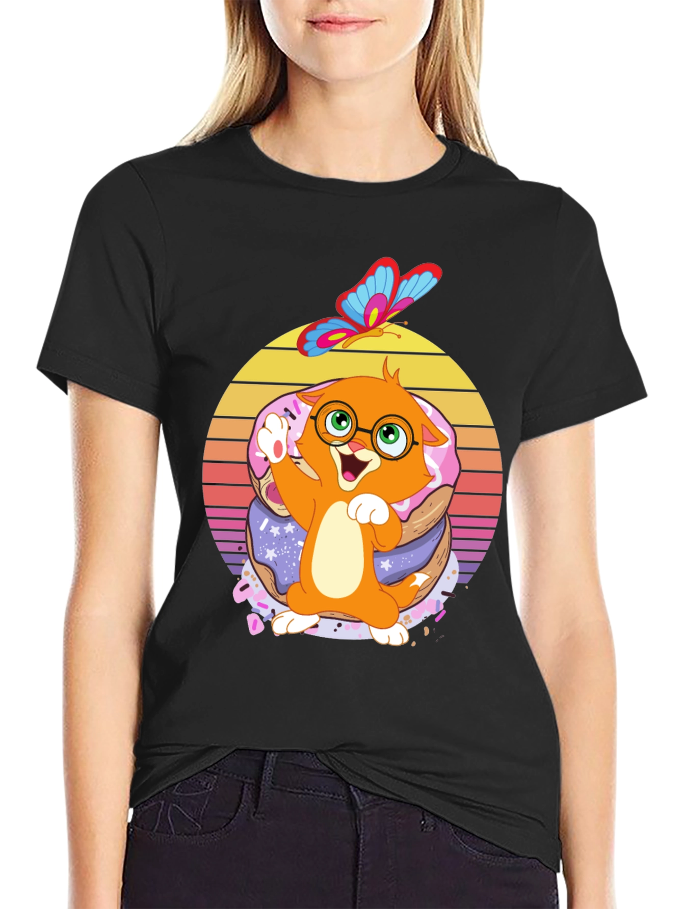 Cute Cartoon Cat on Donuts T-Shirt
