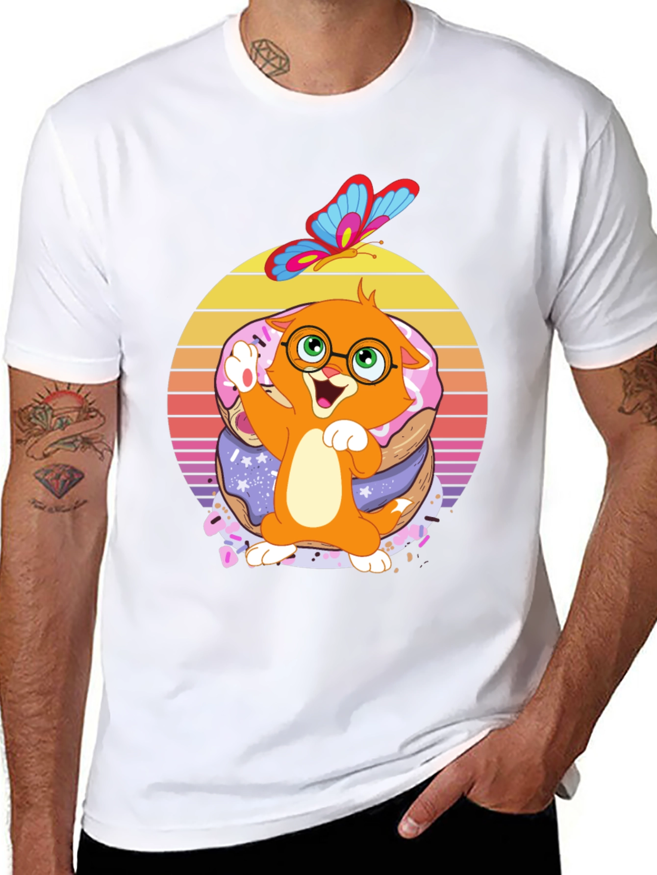 Cute Cartoon Cat on Donuts T-Shirt