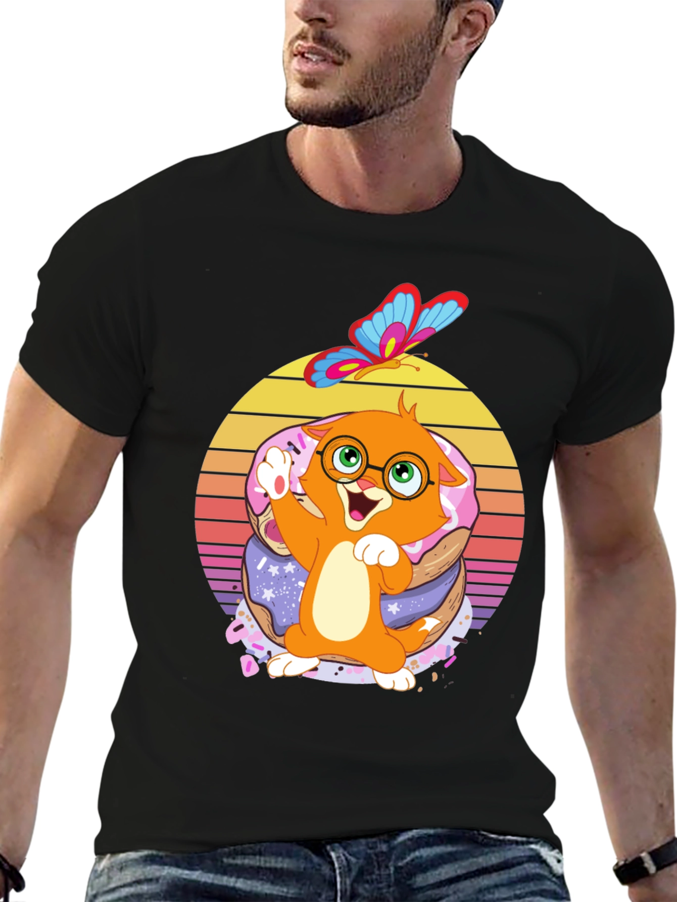 Cute Cartoon Cat on Donuts T-Shirt