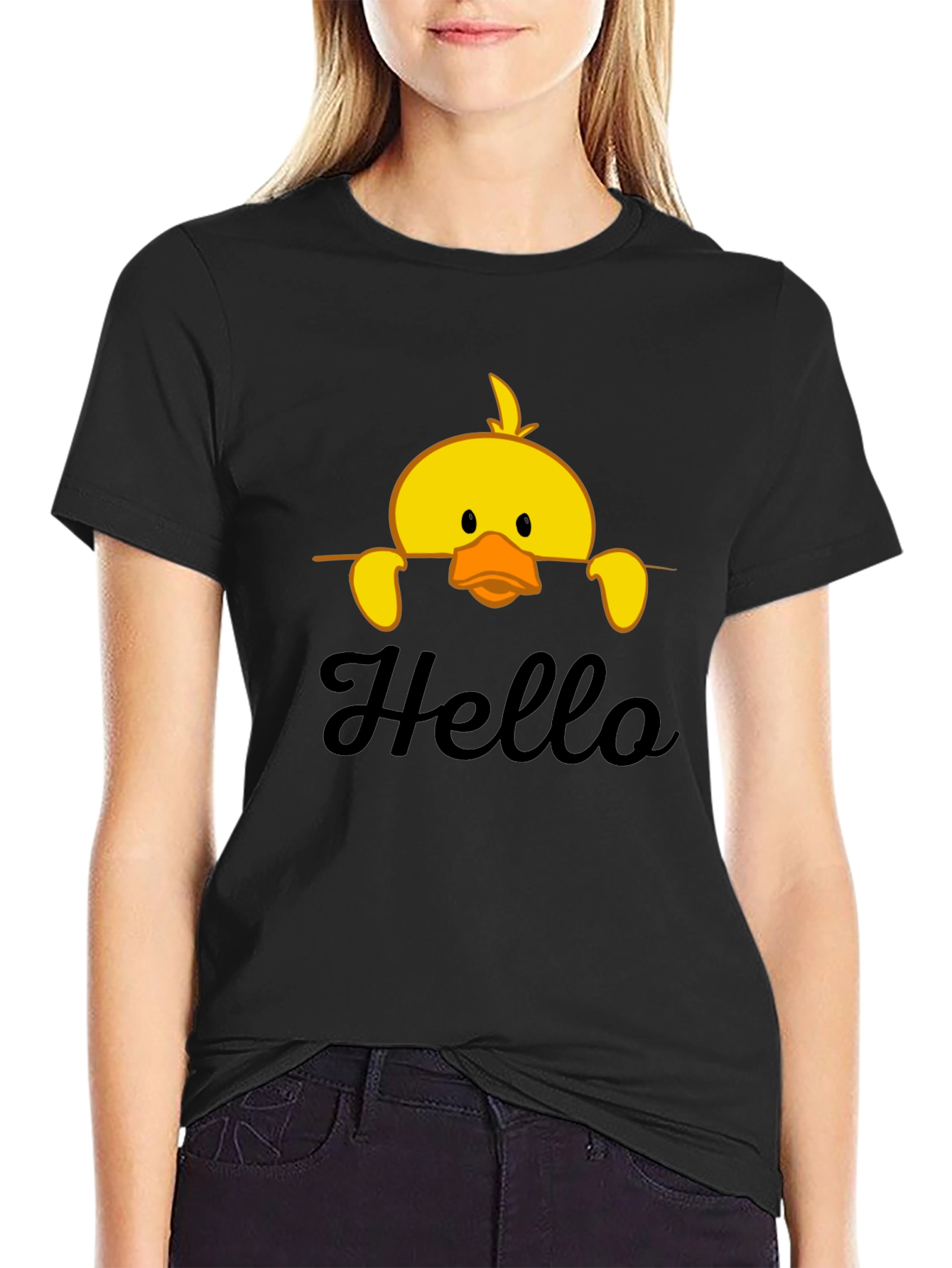 Cute Duck Hello Black T-Shirt