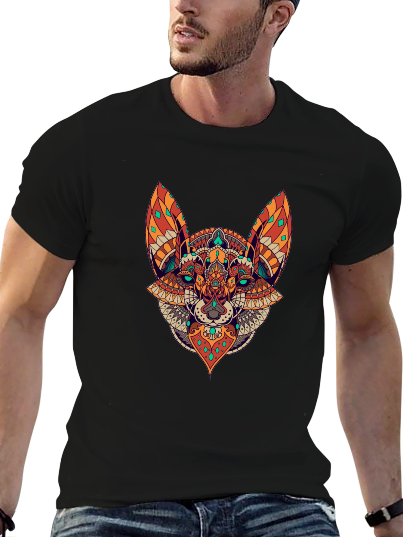 Black T-Shirt with Animal Mandala Design