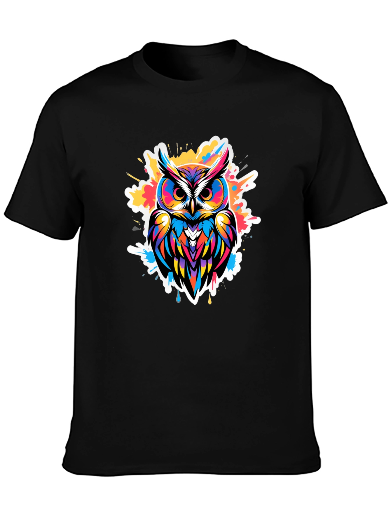 Vibrant Owl Graphic Tee - Black Cotton Blend